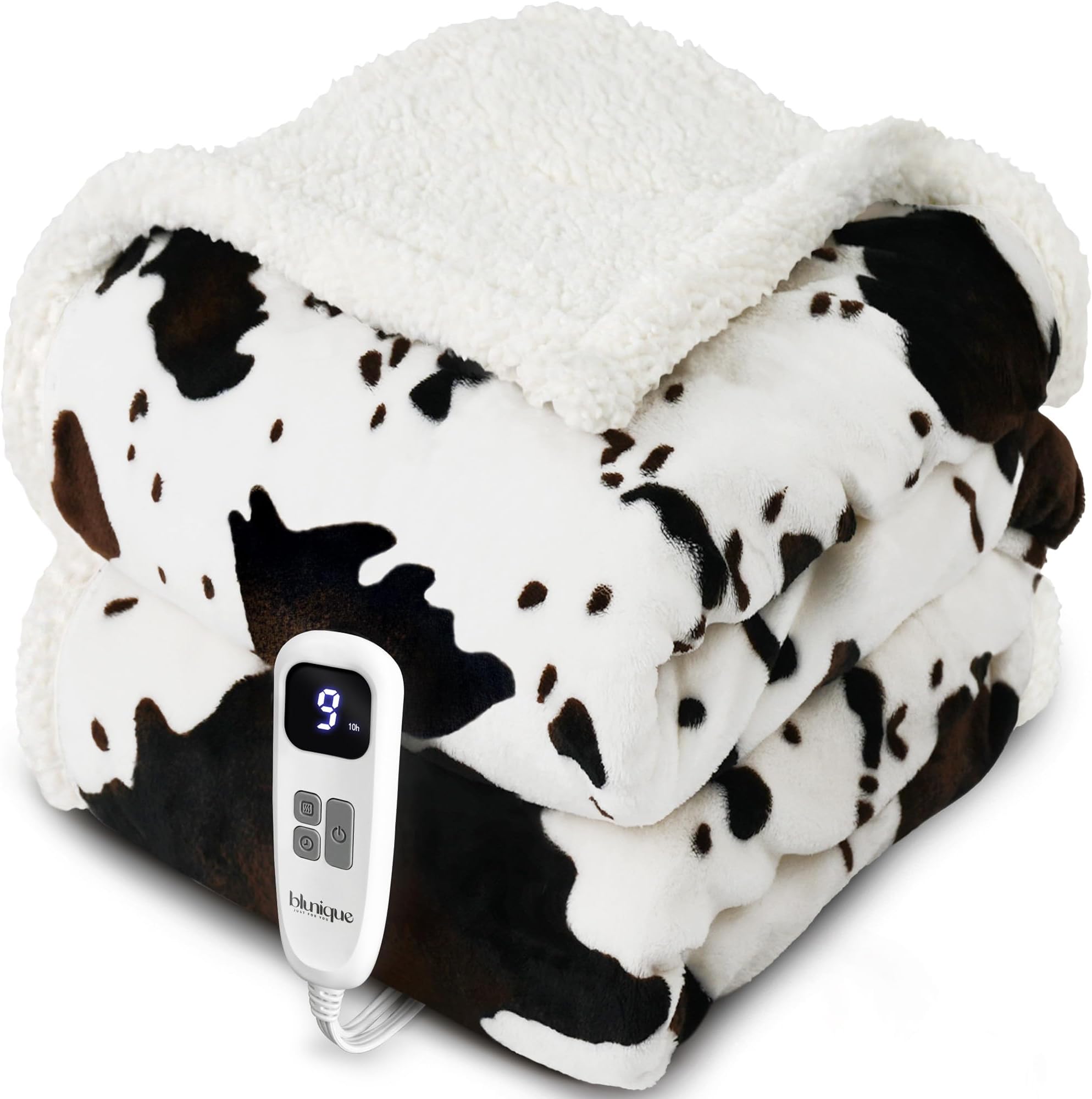 Heated Blanket Throw Blanket - Fast Heating Electric Blanket, Soft Flannel Heated Throw with 4 Time Settings, 10 Heating Settings, Warm Gifts for Women & Mom & Grandma(50"x60"Cow Print White)