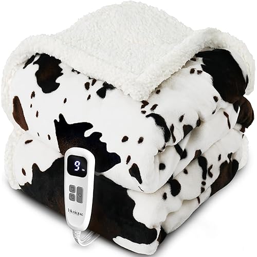 Cow Print Heated Throw Blanket Electric Blanket-Heating Blanket Throw with 10 Heat Levels & 10 Hours Auto Off, Cozy Soft Fleece Sherpa, Washable, 50 x 60 Inches Cow Print White