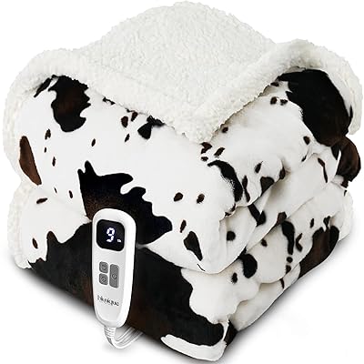 Cow Print Heated Throw Blanket Electric Blanket-Heating Blanket Throw with 10 Heat Levels & 10 Hours Auto Off, Cozy Soft Fleece Sherpa, Washable, 50 x 60 Inches Cow Print White