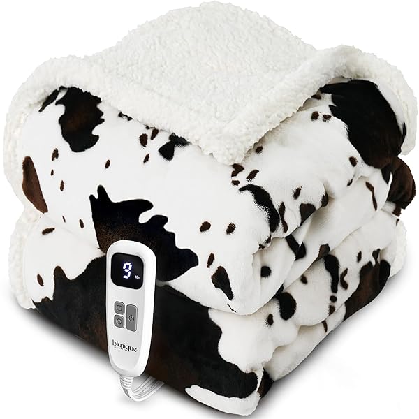 Cow Print Heated Throw Blanket Electric Blanket-Heating Blanket Throw with 10 Heat Levels & 10 Hours Auto Off, Cozy Soft Fleece Sherpa, Washable, 50 x 60 Inches Cow Print White