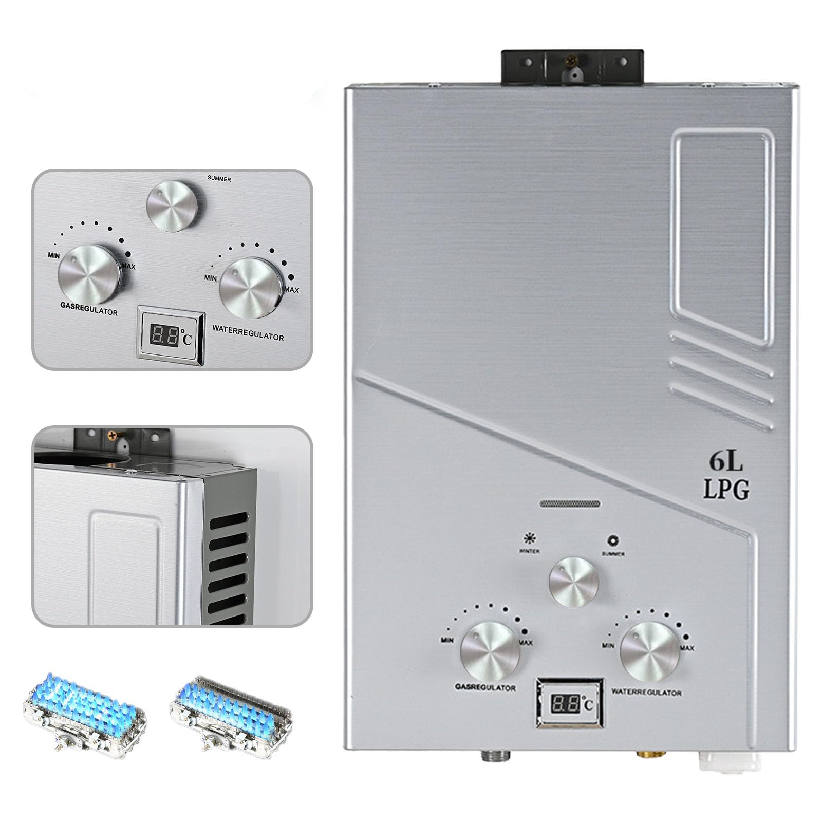 Chauffe-Eau à Gaz Instantané 6L, Chauffe-eau Instantané 12KW GPL avec Pommeau de Douche,Chauffe-eau à Gaz pour Maison Camping Caravane (6L)