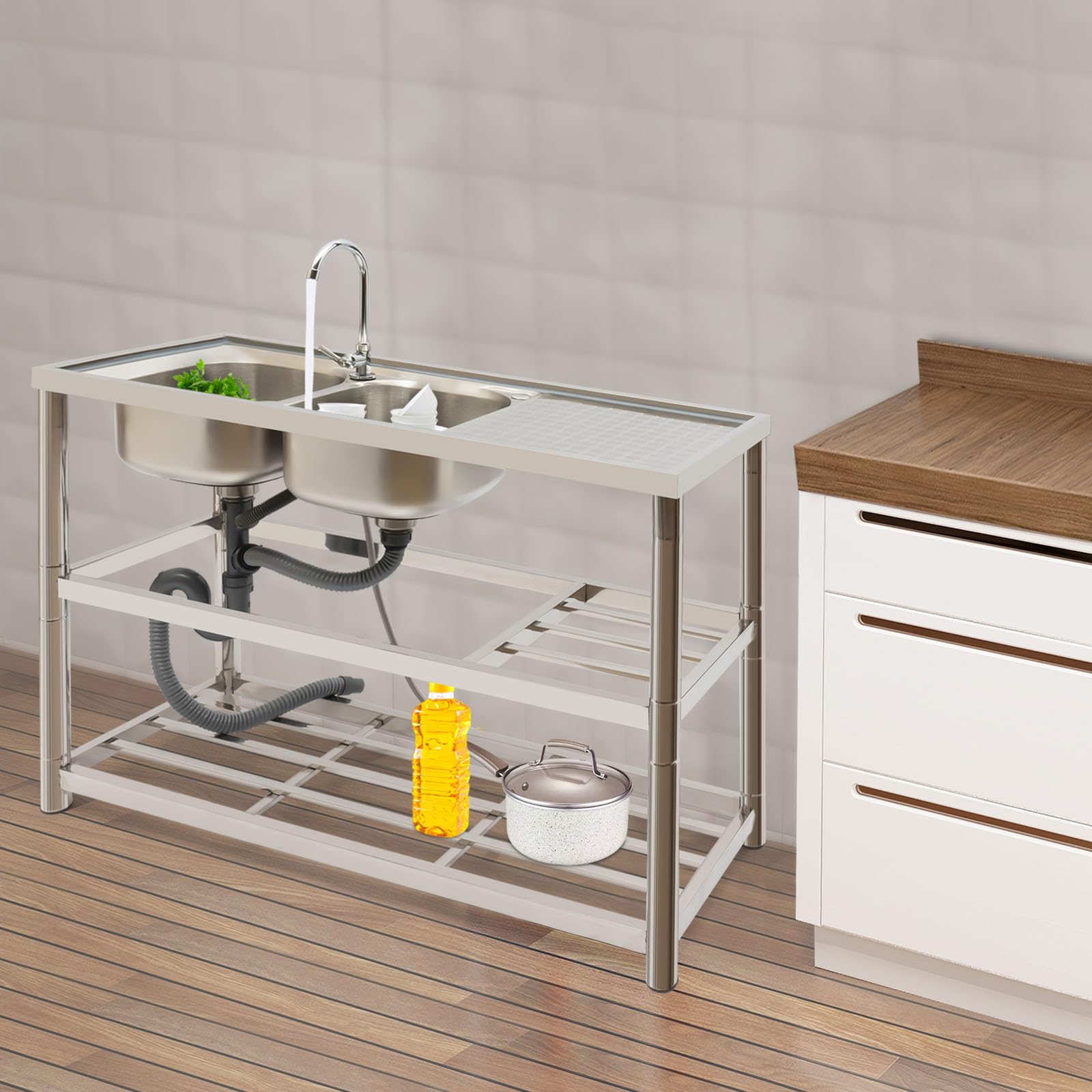 Lavandino in Acciaio Inox Professionale 2 Vasca,Lavelli da Cucina in Acciaio Inox autoportante con Rubinetto e Banco Da Lavoro Lavabo Commerciale con Rubinetto Per Interni Esterni