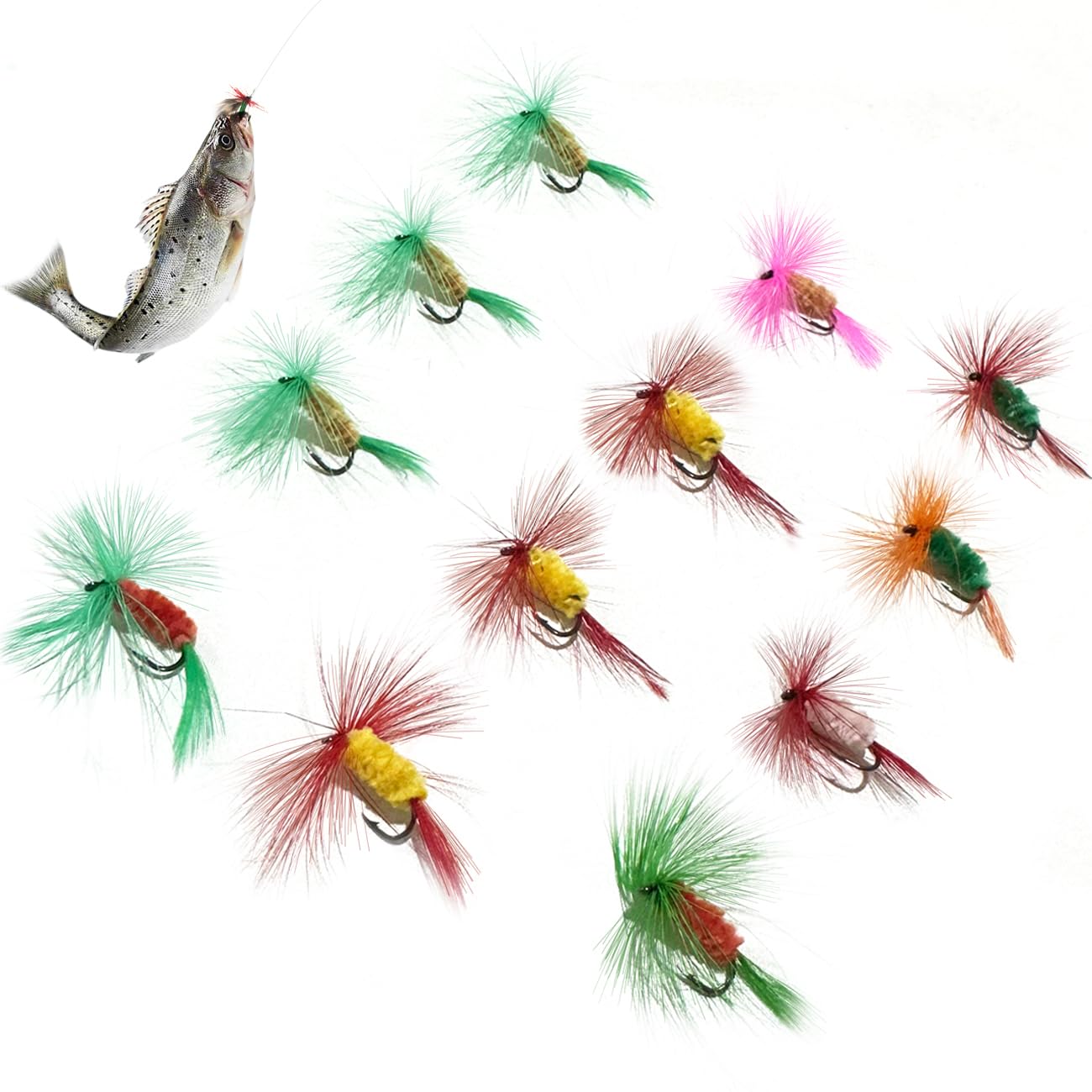 EHERDM 36Pcs Fly Fishing Flies Kit Floating Soft Lures Assortment Nymphs Scud Streamers Wet/Dry Baits for Trout Bass Pike Salmon Bionic Style