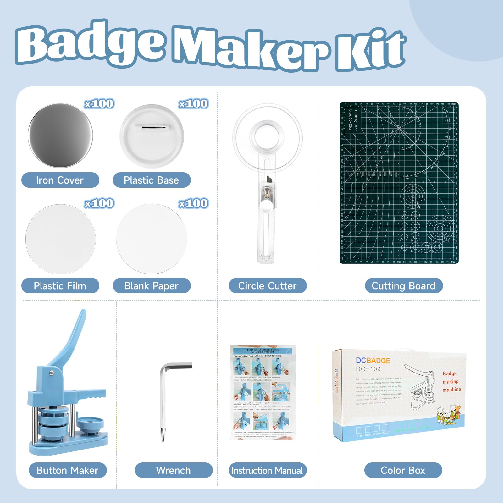 Buttonmaschine 58mm, Orifesio Button Maschine mit 100 Zubehör & Kreisschneider & Schneidematte, Buttons Selber Machen, Button Maker Machine 2,25 Zoll, DIY Pin Maker Machine Set, Badge Making Machine