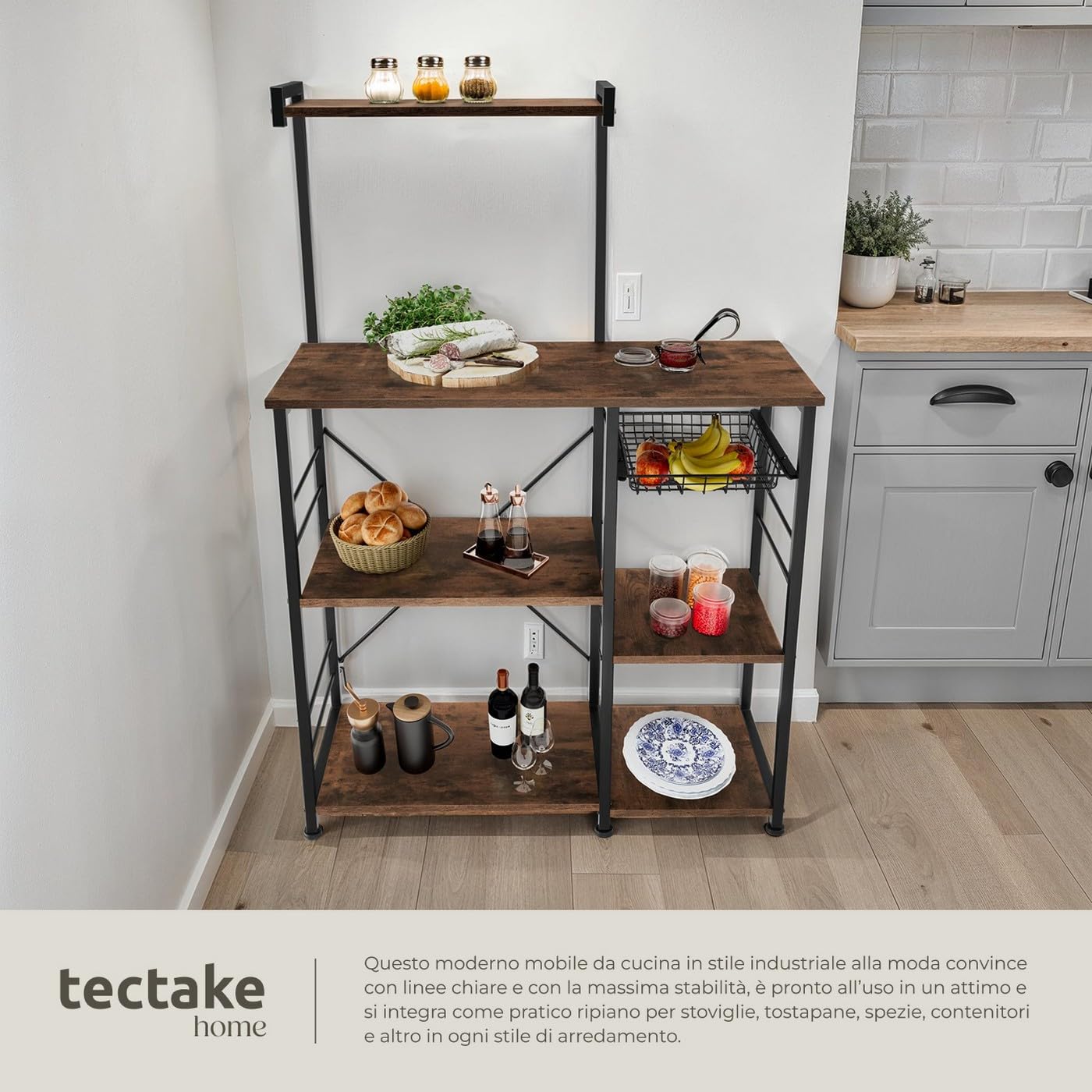 tectake® Scaffale Cucina 90x40x131,5cm, Organizer Cucina 6 Ripiani, Scaffale Portaoggetti, Ripiano d'Appoggio per Microonde e Piatti, Mobiletto Salvaspazio, Arredamento Casa - Legno Industriale Scuro
