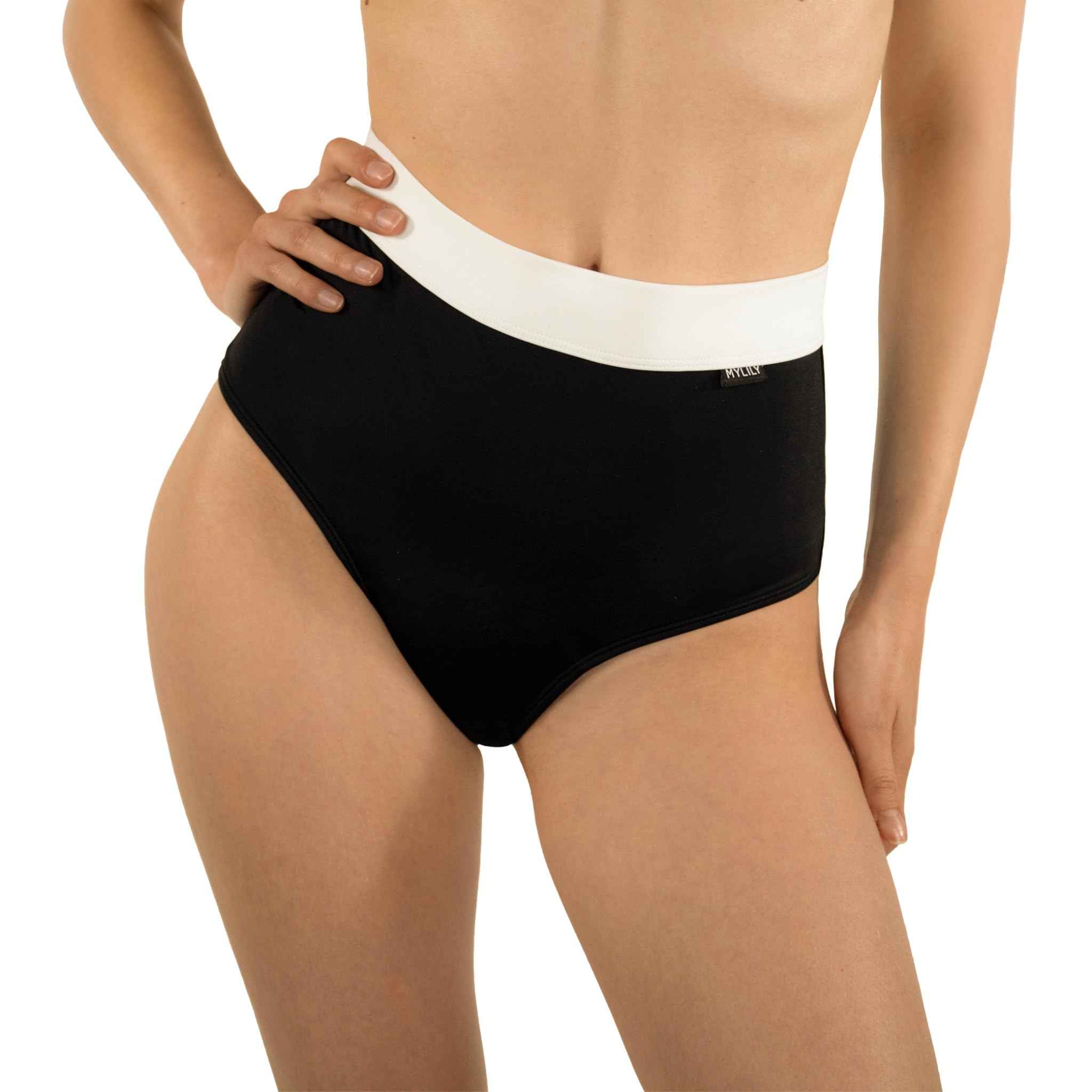 MYLILY Culotte de Bain Menstruelle Taille Haute | Bas de Maillot de Bain Menstruel Femme | Culotte Maillot de Bain Menstruelle Flux Abondant | Bas de Maillot de Bain Noir Ceinture Blanche