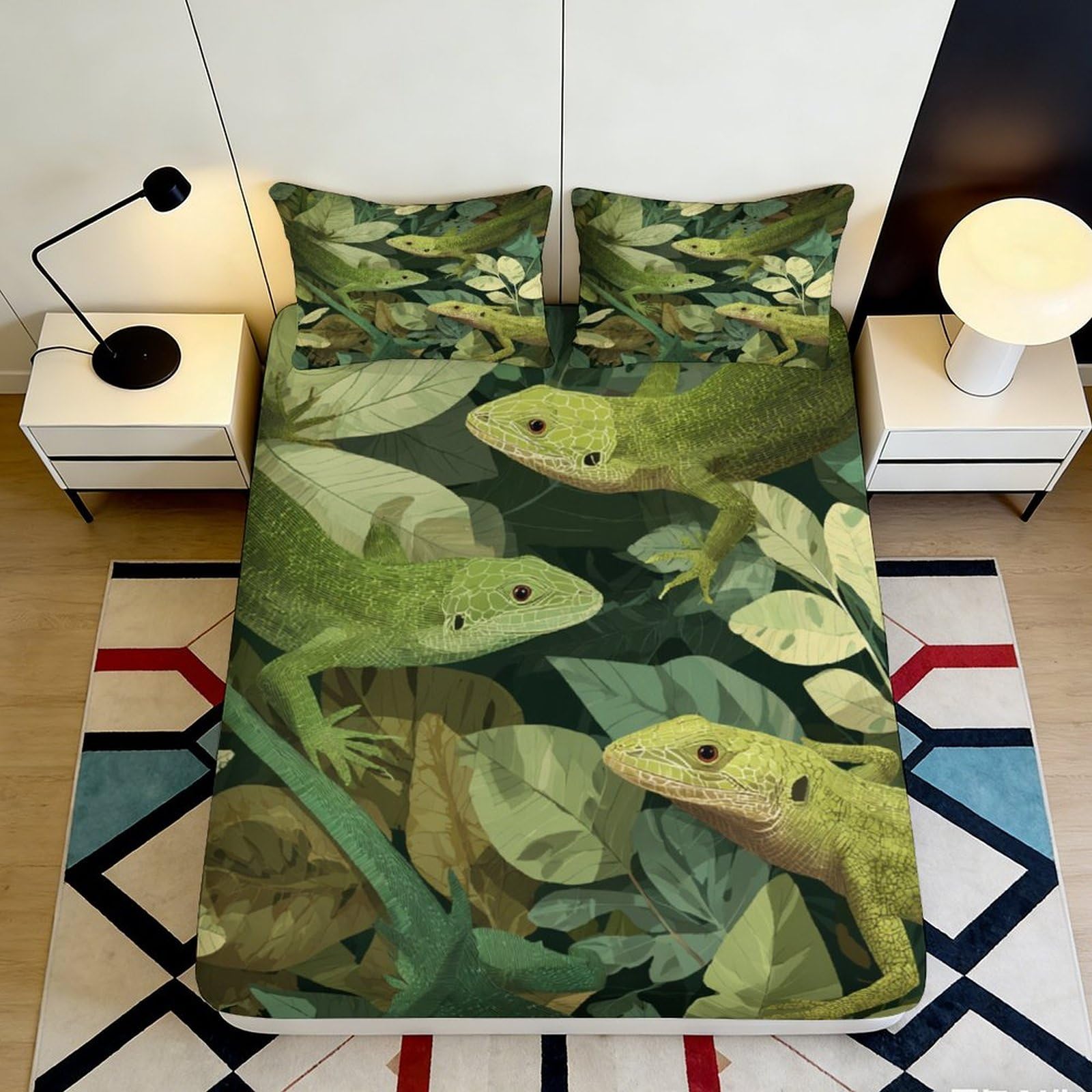 3D Printed Green Lizard Jungle Fitted Sheet Microfiber Soft Breathable Leaves Bed Cover for Bedroom Dorm Decor 90x200x25cm