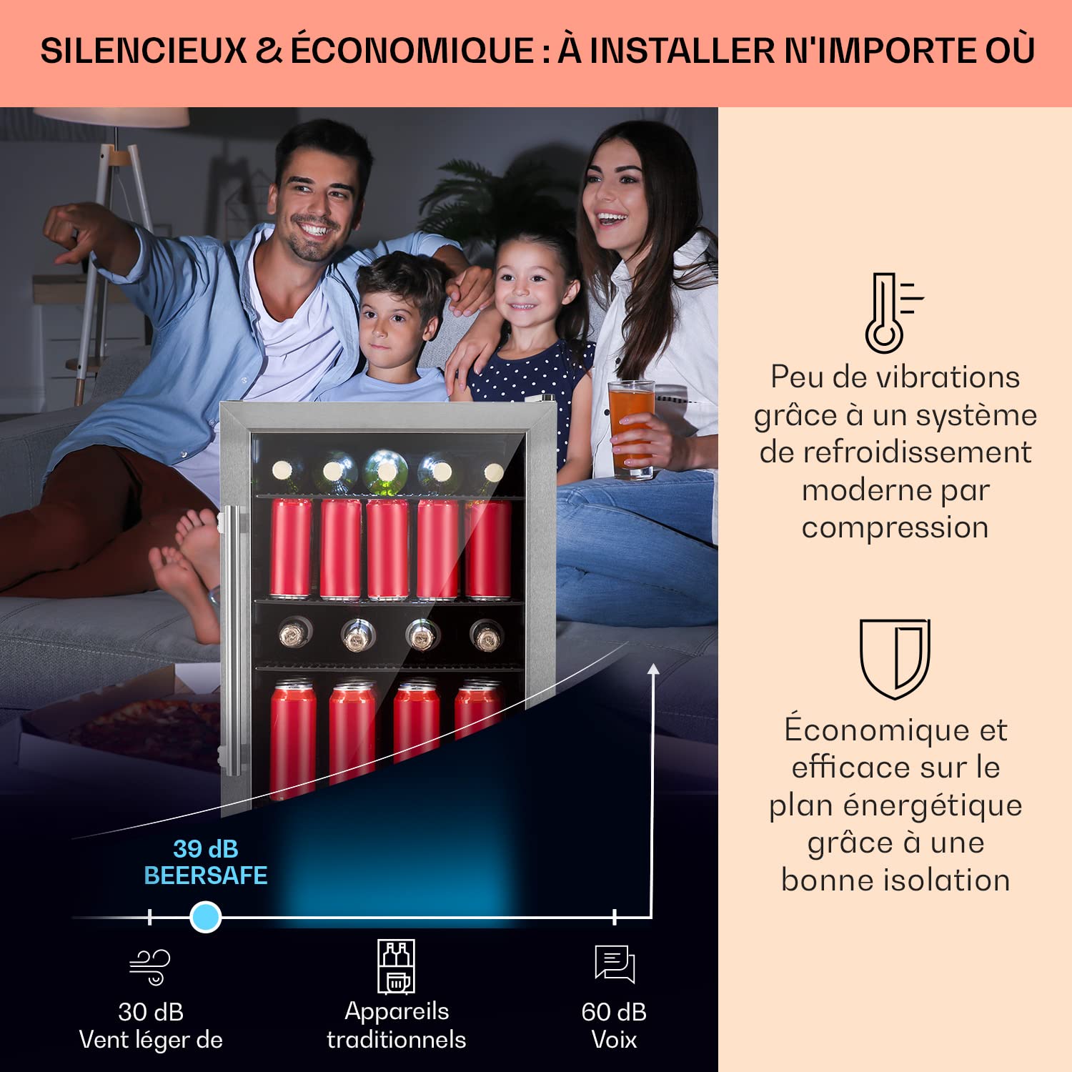 KLARSTEIN Beersafe Réfrigérateur à Boissons 98 L – Frigo avec Porte Vitrée, Noir | Éclairage LED, étagères métalliques amovibles, silencieux, pour boissons et canettes