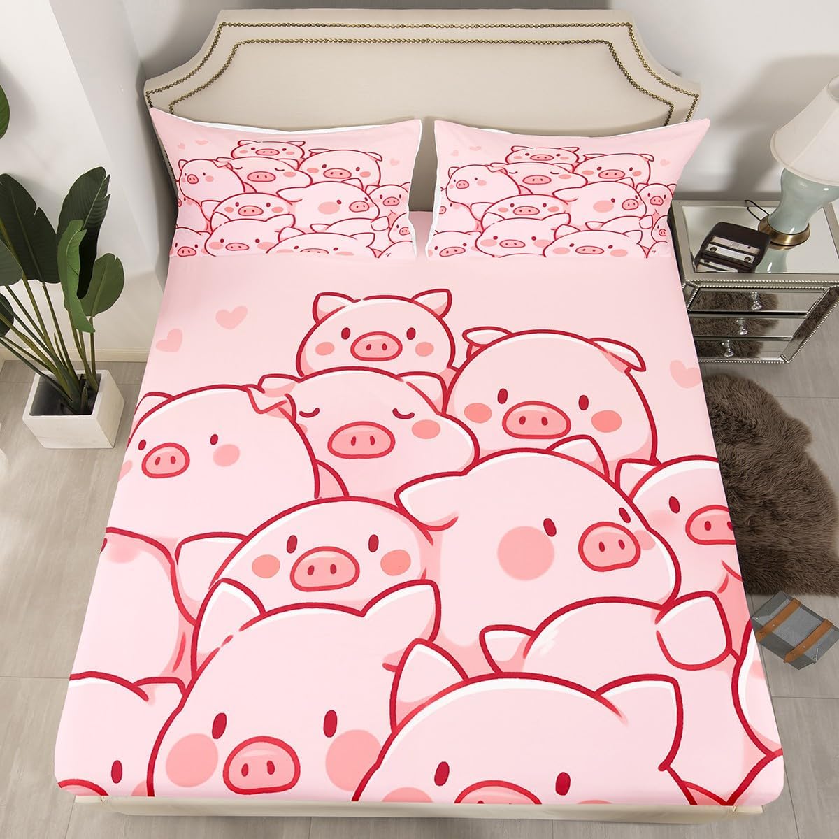 Erosebridal Kids Pig Fitted Sheet Full Size Lovely Cartoon Piggy Bed Sheets,Girls Pink Bedding Kawaii Farm Animal Bed Cover Girly Room Decorative,Microfiber 3 Piece for All Season