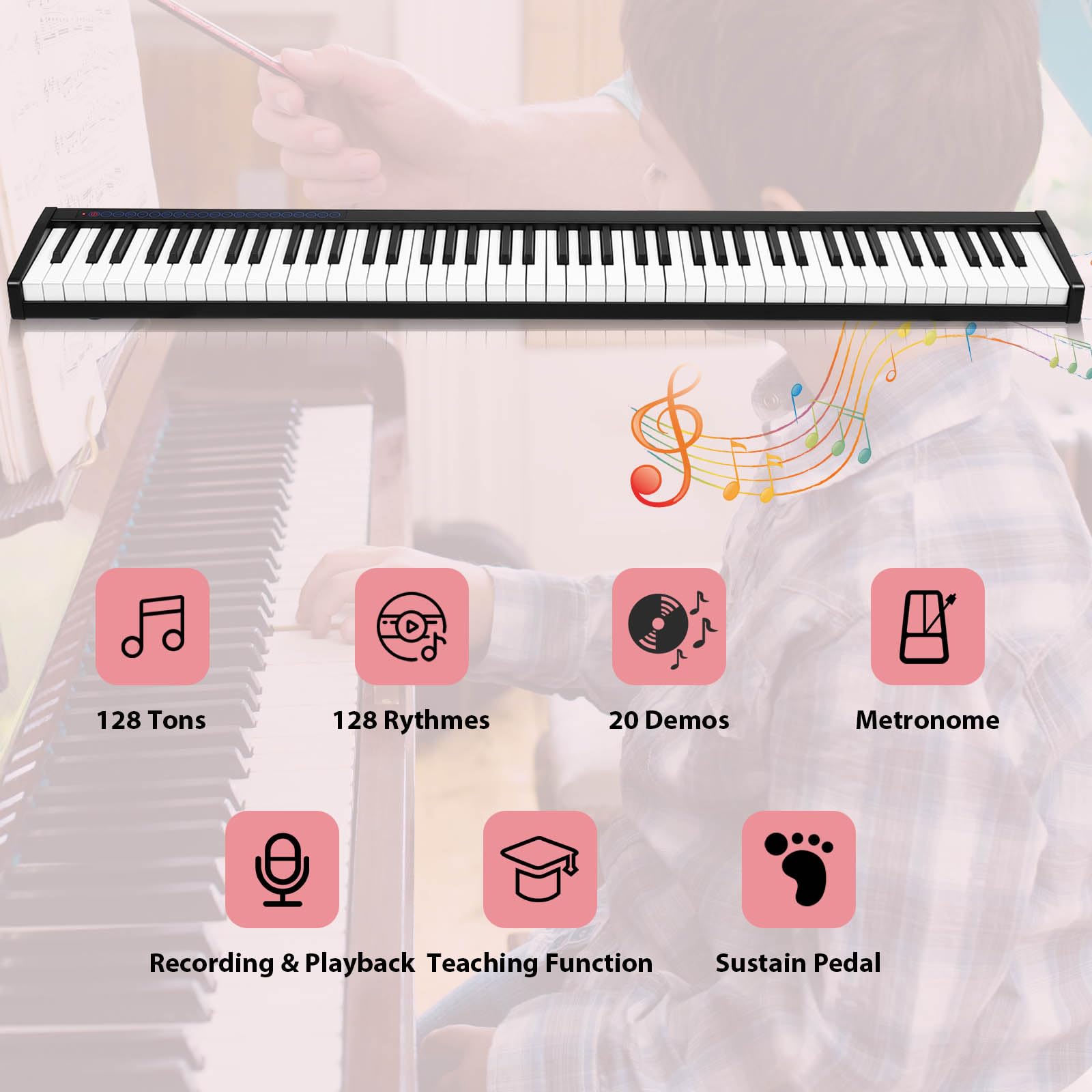 KOMFOTTEU Pianoforte Digitale 88 Tasti Multifunzionale con Funzione Bluetooth e USB, Regolazione Dinamica, Tastiera Elettronica Semi-Pesato, Nero