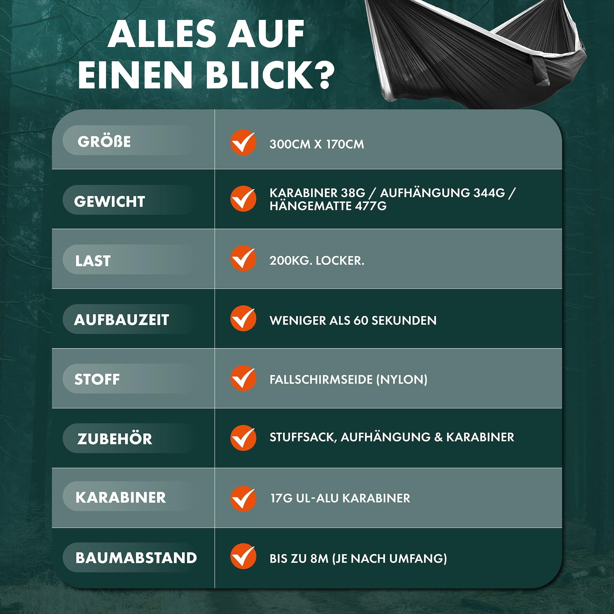HÄNG XXL Hängematte 300 x 170 cm Outdoor - Wetterfest & Ultraleicht (850 g), 200 kg Belastbarkeit - für 2 Personen aus Fallschirmseide für Camping, Reise & Garten inkl. Befestigungsset