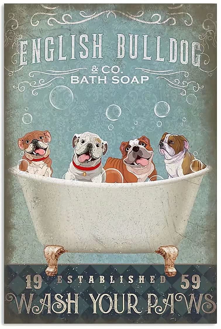 Funny Logo English Bulldog Bath soap Aluminum tin Logo - Metal Tin Sign Hanging Retro Plaque Kitchen Poster Cafe Bar Pub Store Man cave Art Novelty Designs 12x16inch