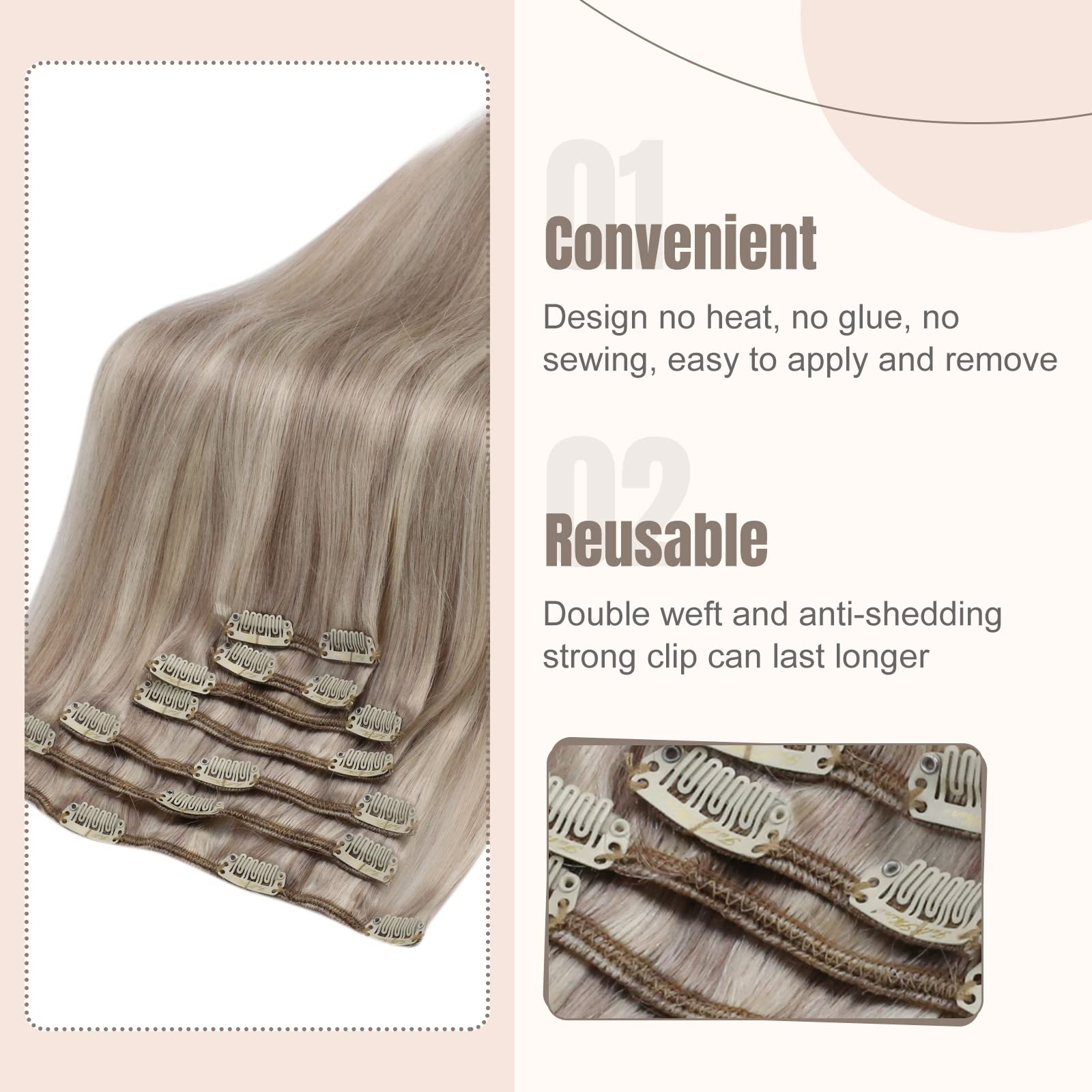 Fshine Clip in Hair Extensions Remy Human Hair Ash Blonde Hair Extensions Clip in Real Hair 22inch Bleach Blonde #18/613 Full Head Real Hair Extensions Clip in 120g - Image 4