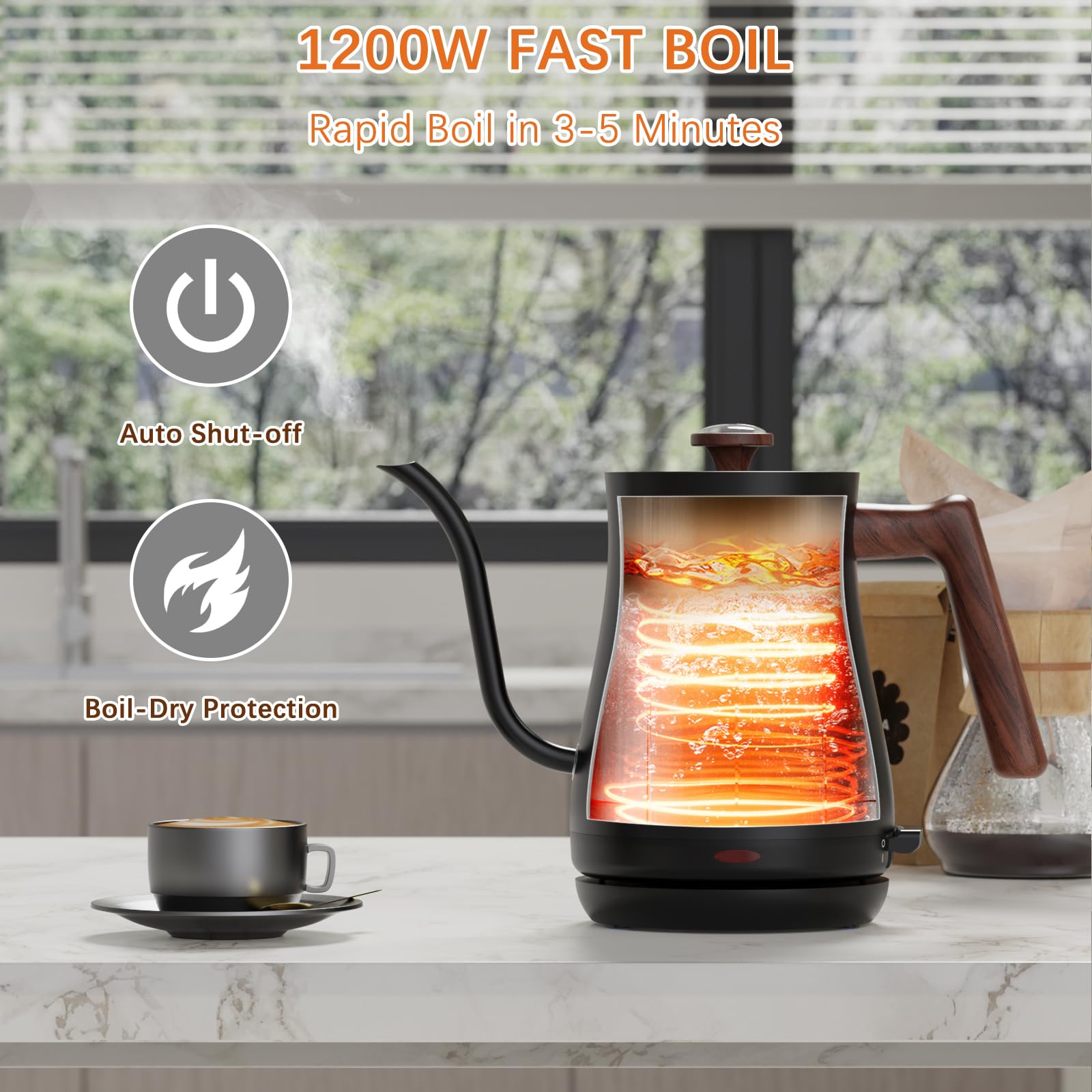 Anfilank - Hervidor eléctrico de cuello de cisne con termómetro, tetera eléctrica pequeña de 0,8 L, calor rápido de 1200 W, vertido de precisión para café y té, apagado automático y protección contra