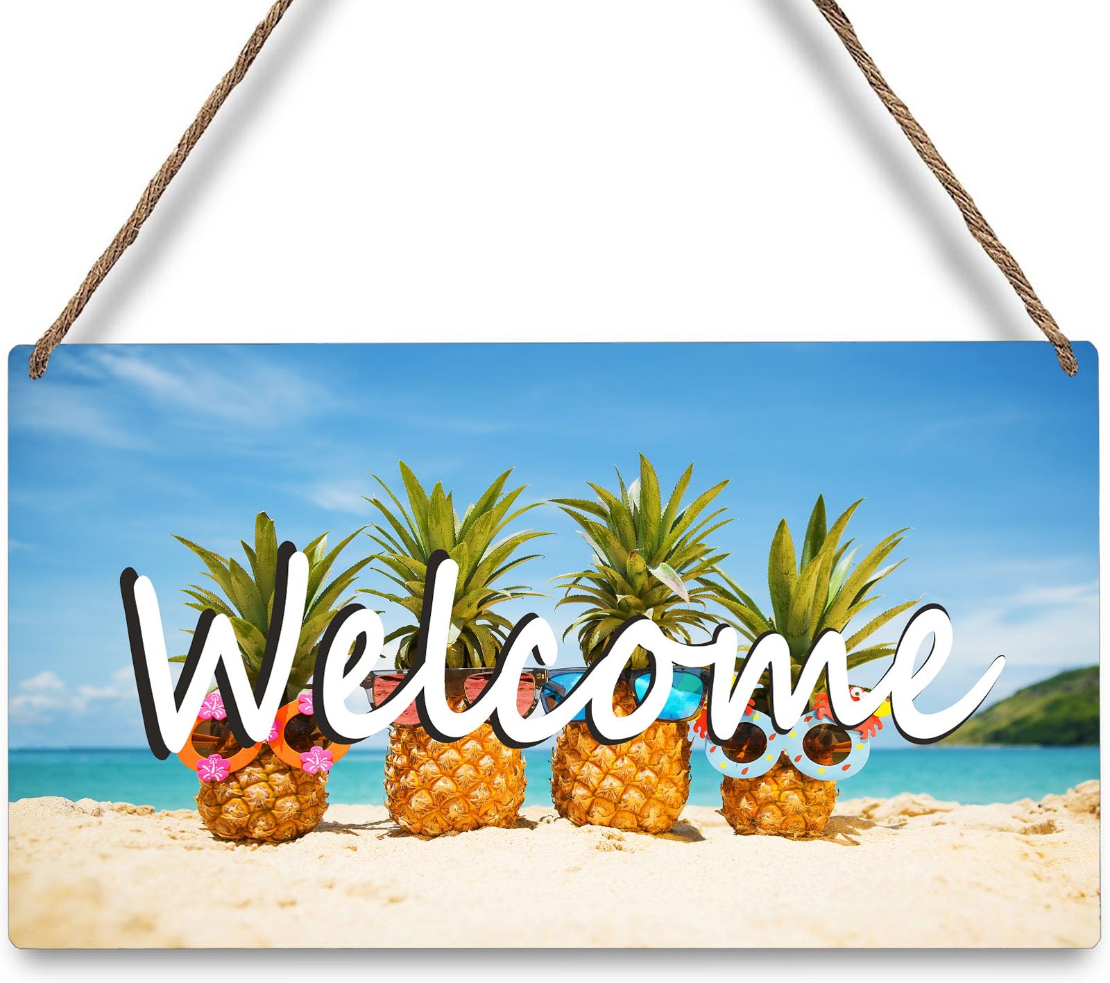 peiyeety Pine on Beach Welcome Sign Summer Seaside Front Door Sign Wooden Hanging Sign Home Decorative Office 12x8 inch