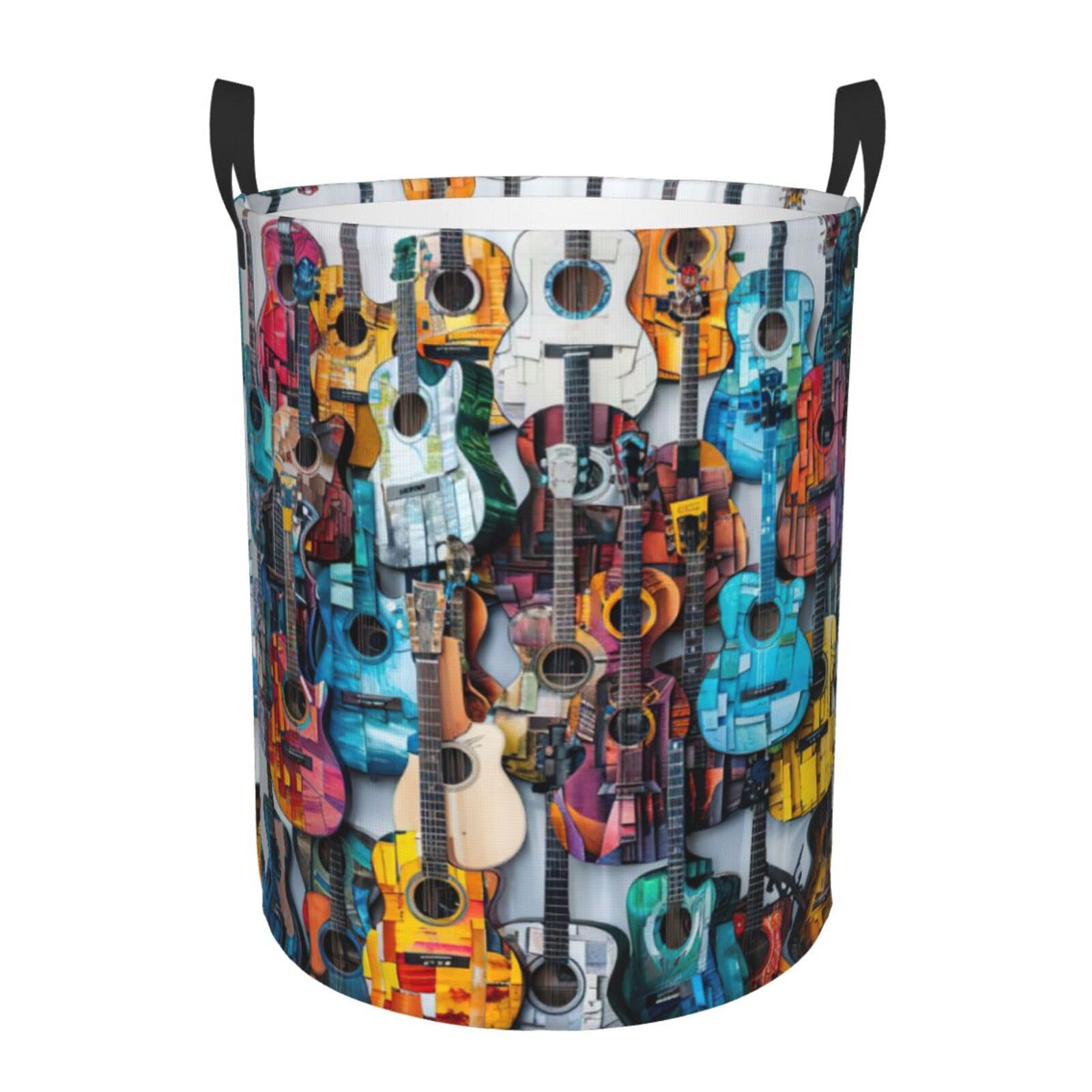 M Collapsible Laundry Hamper Round Color Acoustic and Guitars Print Storage