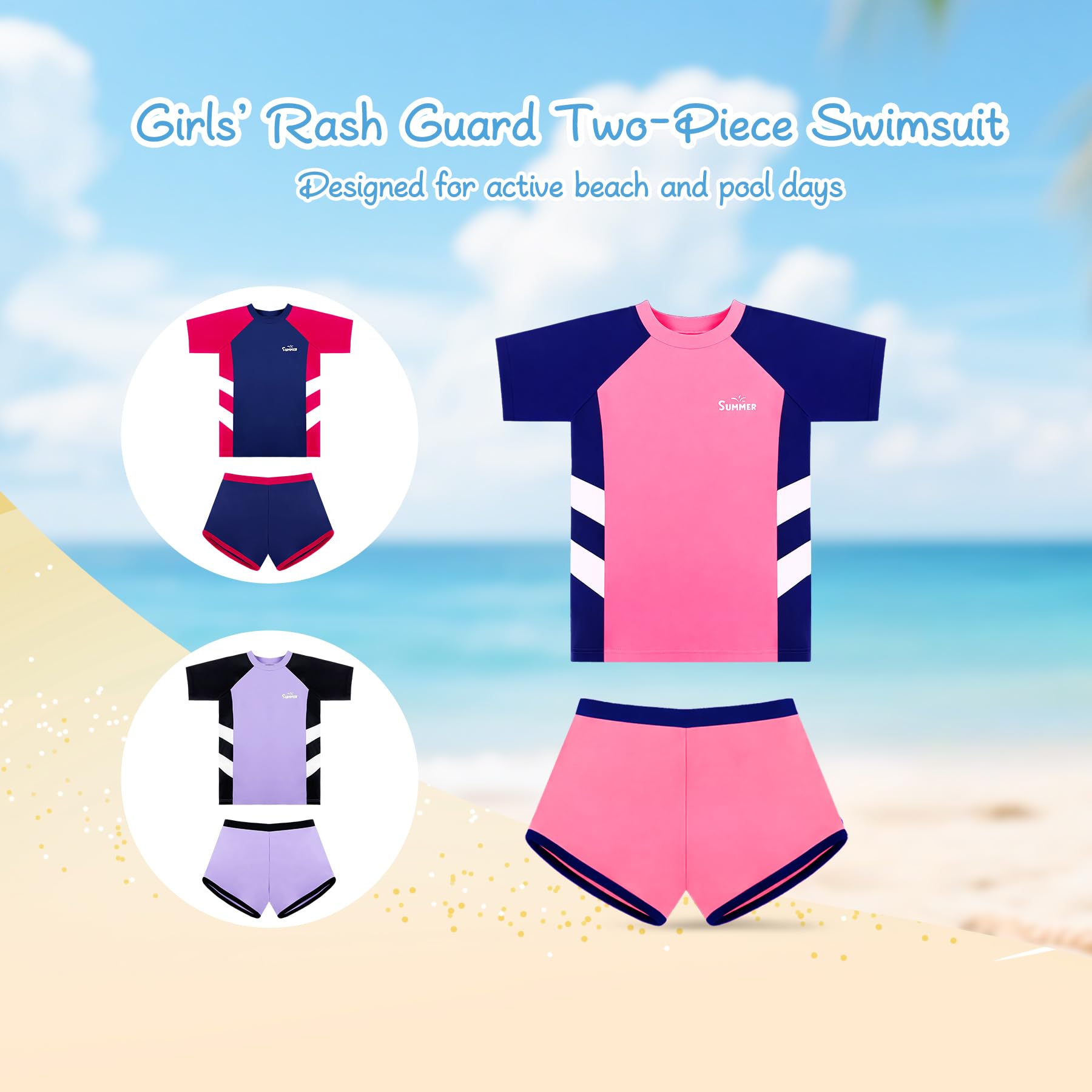 Conjunto de Baño Niña 2 Piezas, Camiseta de Natación de Manga Corta y Short, Ropa de Playa Infantil para Piscina y Playa, 6–14 Años