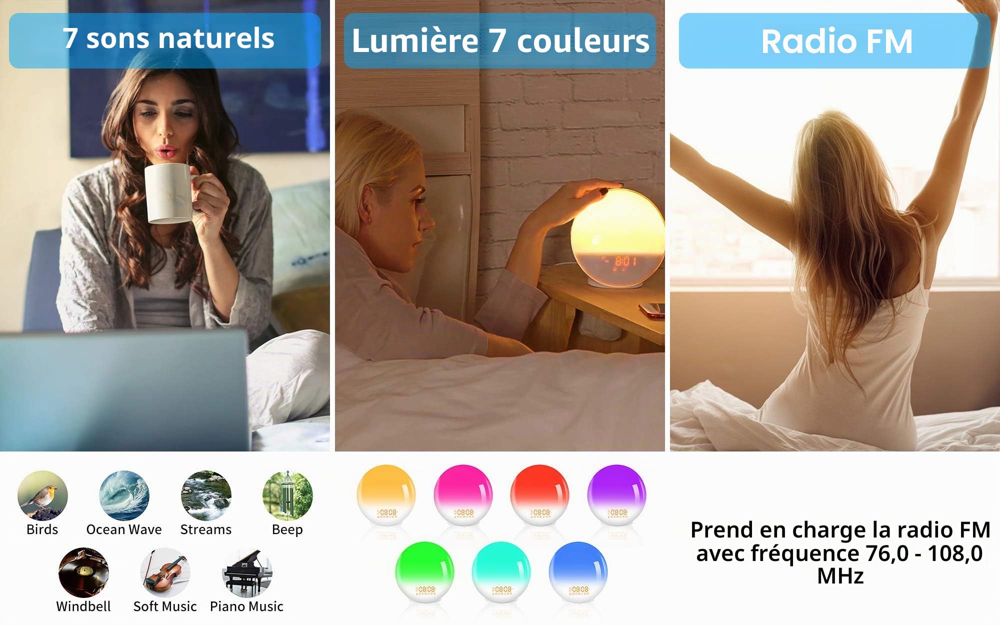 Lampe de Chevet Réveil Lumineux Réveil Simulateur d'Aube 7 Couleurs 20 Niveaux Luminosité 7 Sons Naturels Radio FM Double Alarme Veilleuse Enfant Rouge