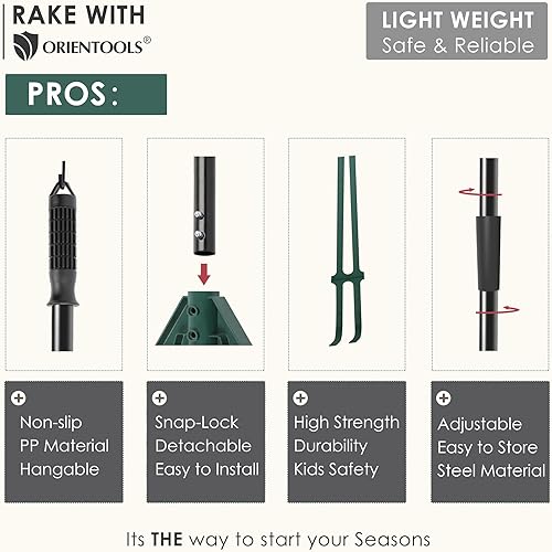 Miniatura 3 de ORIENTOOLS Rastrillo de hojas de jardín, rastrillo de jardín con tubo de acero extensible ajustable de 43 a 66 pulgadas, rastrillo ligero para
