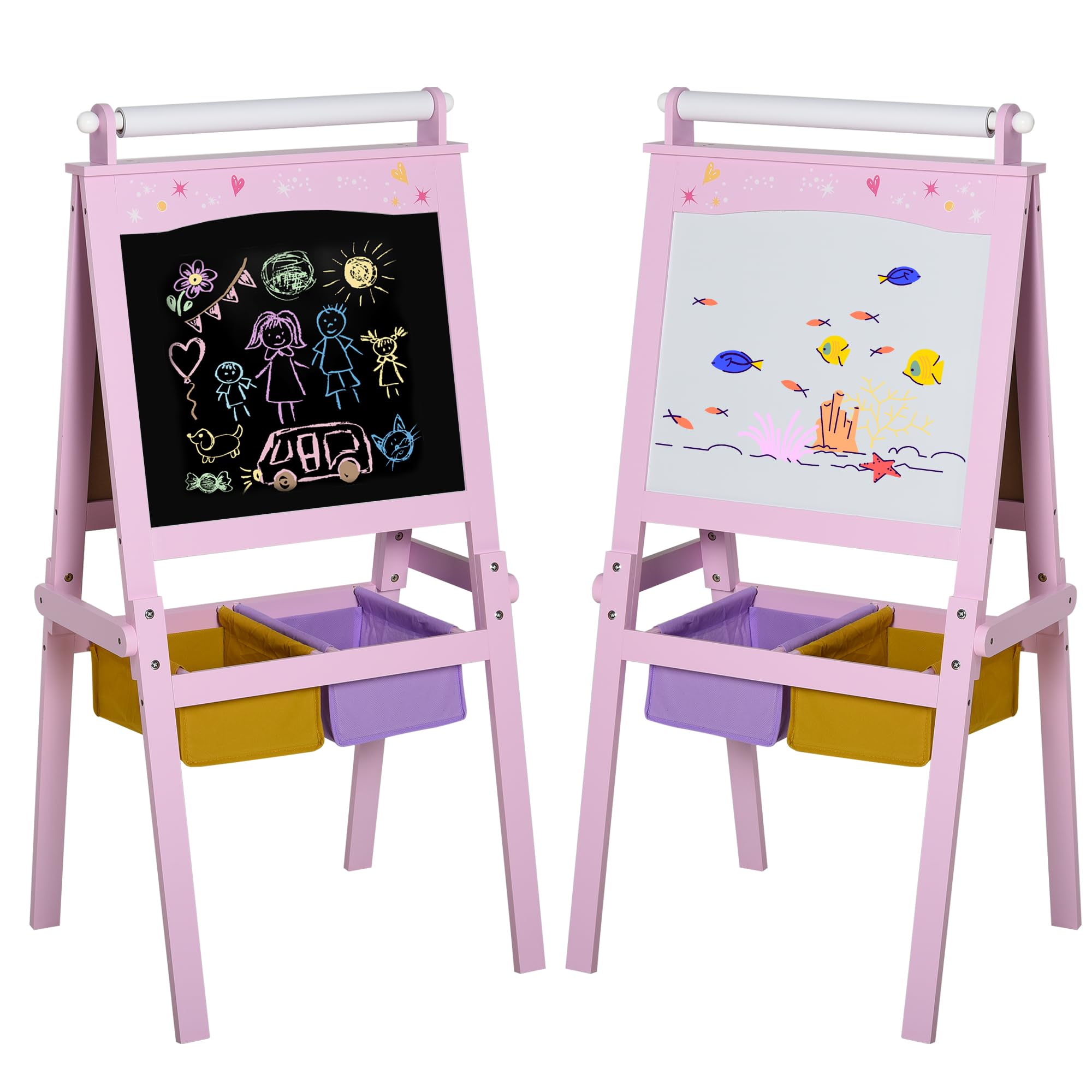 HOMCOM 3 en 1 Tableau Enfant - chevalet Enfant - Ardoise Double Face - Tableau Blanc Tableau à Craie - Rouleau Papier avec accessoires + paniers Rangement intégrés - MDF Rose