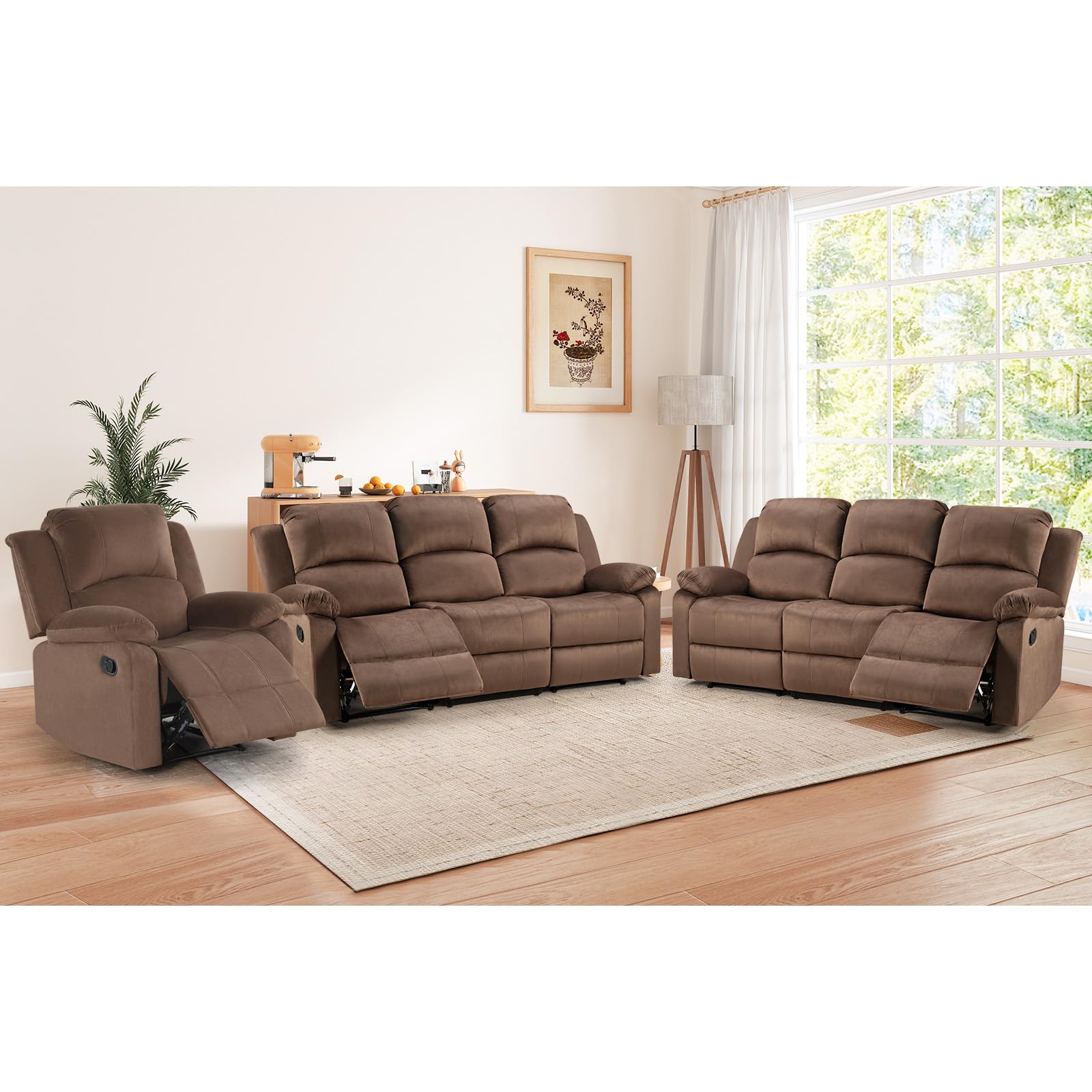 EBELLO Manual Recliner Sofa Set, Modern Microfiber Reclining Couch Furniture Set for Living Room, Includes 1 Recliner Chair and 2 3-Seater Reclining Couch for Home Theater and Office, Brown view 8