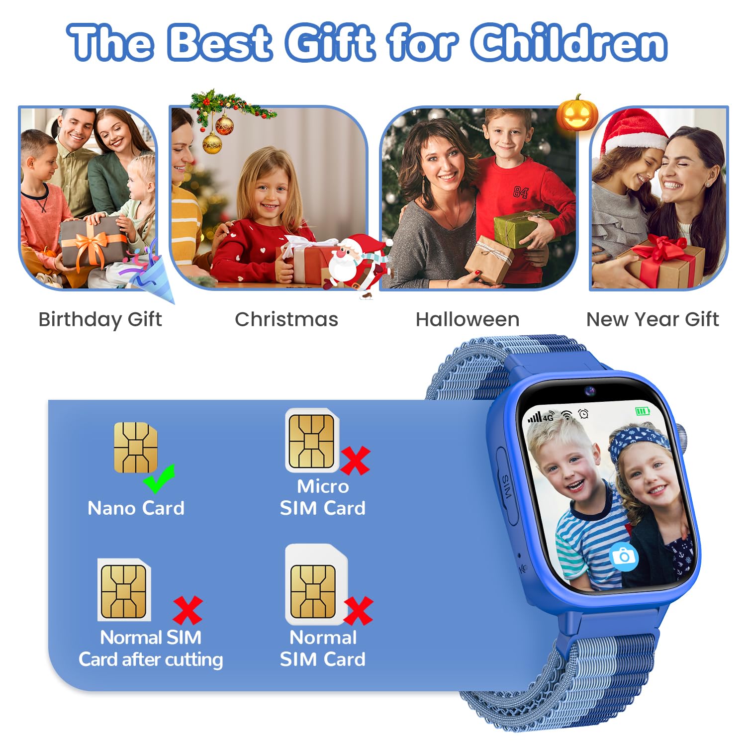 Minilandia 4G Smartwatch Bambini, Orologio Telefono Bambini con Videochiamate/GPS/SOS/Chat Vocale, Modalità Scuola, Sveglia, Contapassi, IP68 Impermeabile Smart Watch per Ragazzi Ragazze, Regalo Blu