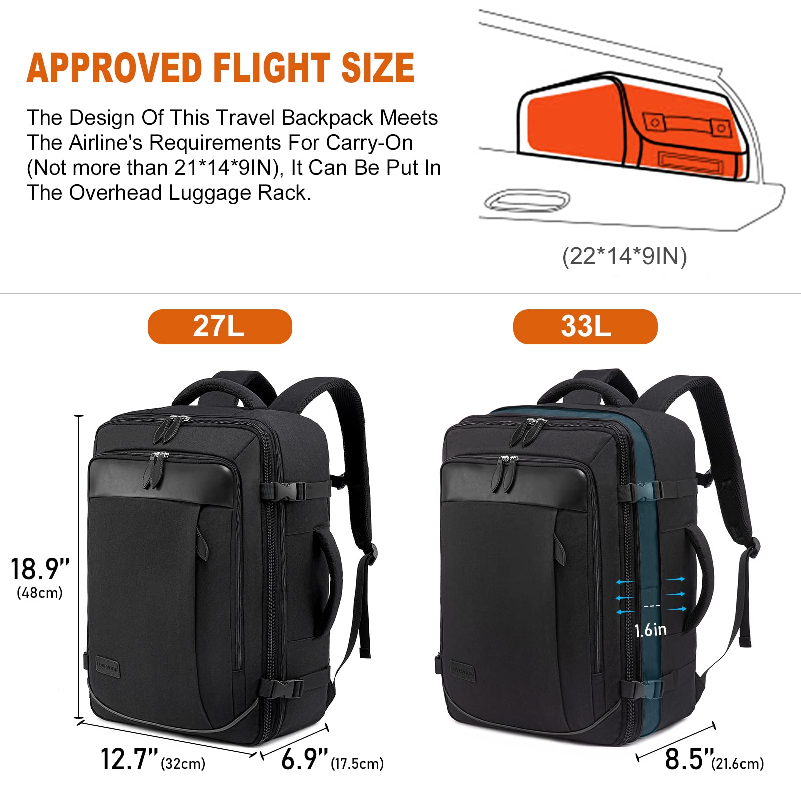 LOVEVOOK Sac a Dos Voyage Grand 42L, Sac Voyage Cabine Expansible, Bagage à Main, Sacs à Dos pour Ordinateur portable 15.6,17 Pouces Imperméable, Sac à Dos Femme Homme pour Affaires Travail, Noir