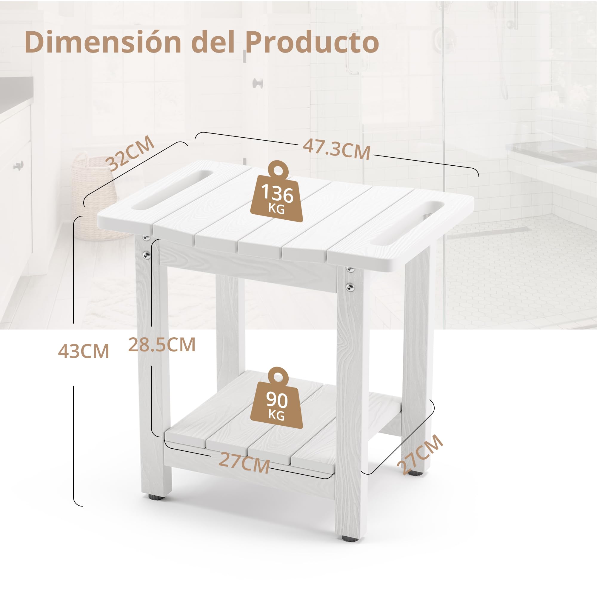 LUE BONA Taburete de Ducha HDPS, Asiento Impermeable con Estante para Baño, Banco Antideslizante para Interior y Exterior, Resistente al Clima, Blanco
