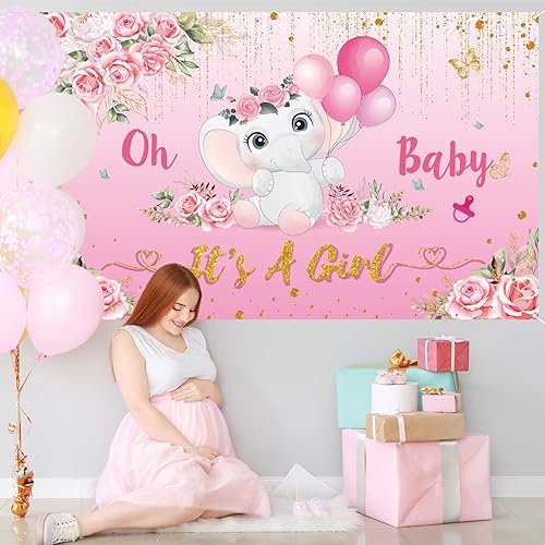 Miniatura 3 de Cartel de fondo de baby shower para niña, decoraciones de baby shower para niña, pancarta de "It's A Girl", decoraciones de elefante para baby