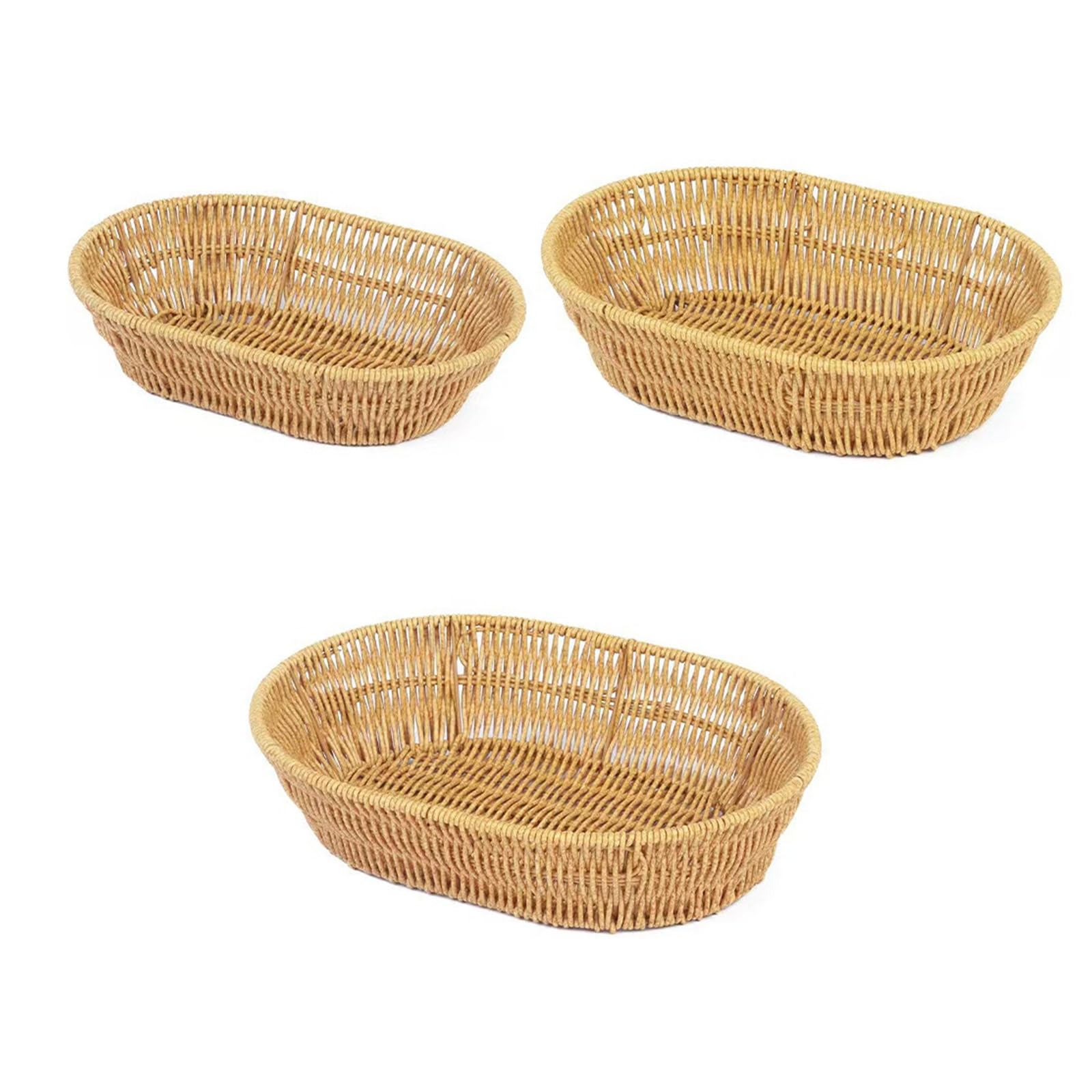 MICFENY 3pcs Imitation Rattan Woven Snacks Storage Basket Multipurpose Oval Shaped Bread Fruit Serving Tray Desktop Candy Plate