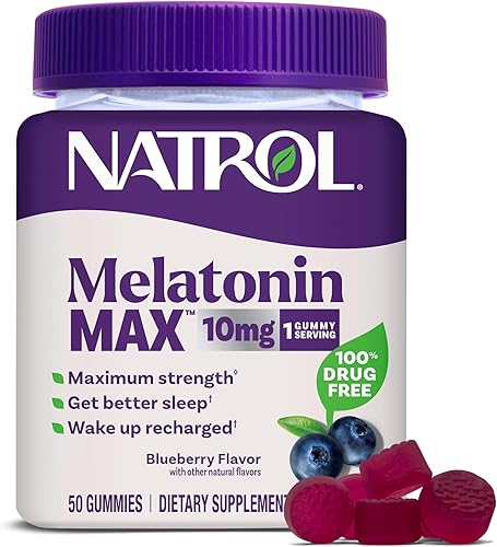 Natrol MelatoninMax 10 mg, soporte para sueño, máxima fuerza, arándano, gomitas, 50 unidades