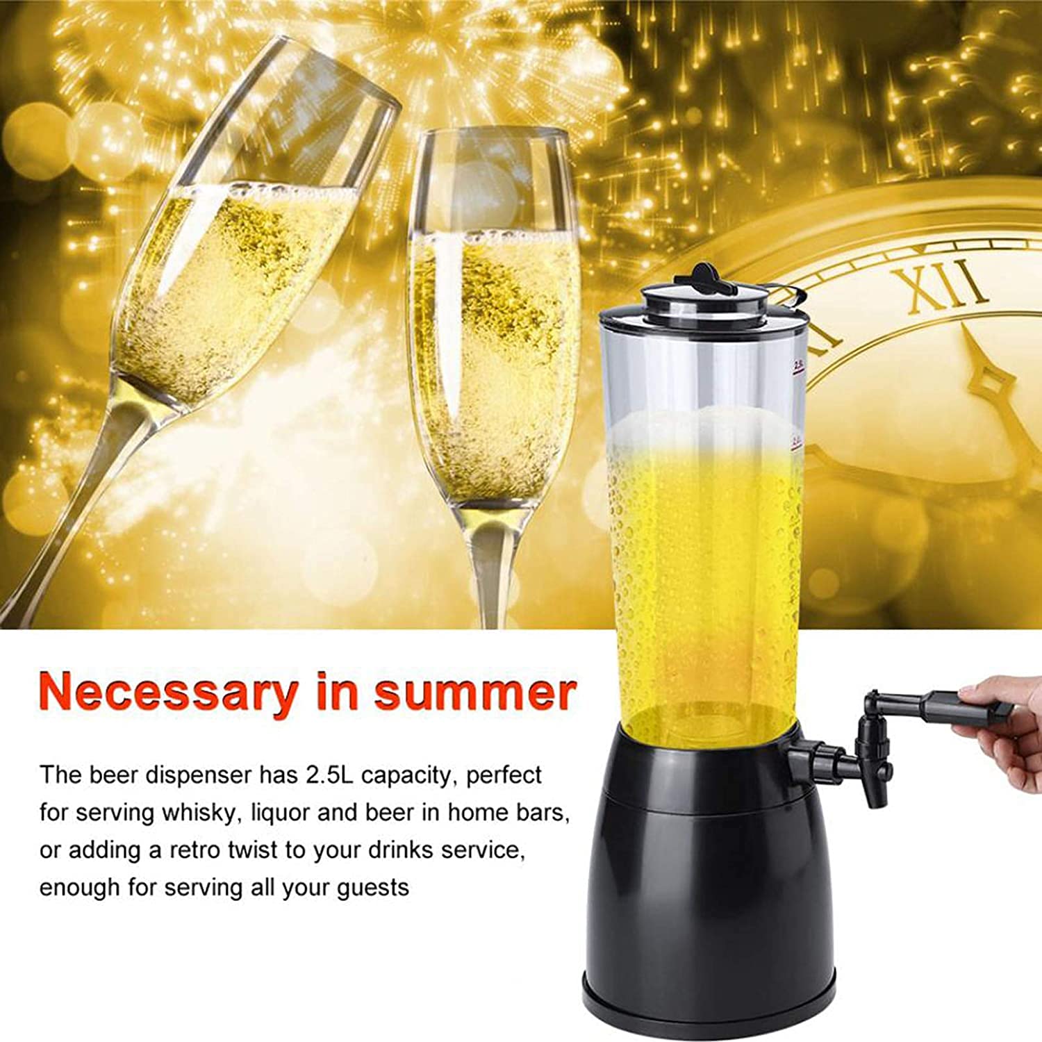 Dispensador de cerveza, barril de cerveza, dispensador de torre de cerveza de 2,5 l, con tubo de hielo extraíble, fácil de limpiar, para bar, fiestas en casa, restaurante buffet (plateado)