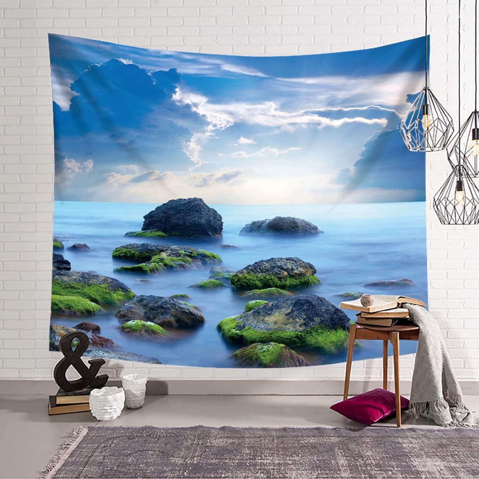 Gualiy Wandtuch Schlafzimmer 240x220cm, Wandbehang Stein Meer Himmel Szenerie Wandbehang für Schlafzimmer Wohnheim Dekor, Blau Grün