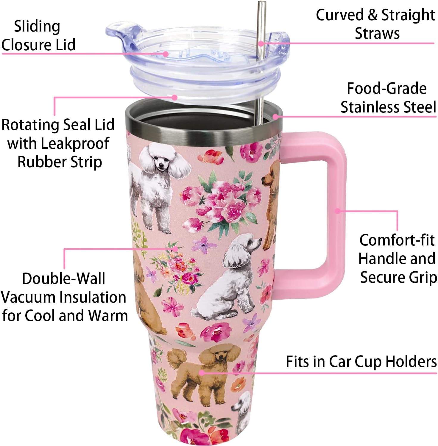 Poodle Tumbler Poodle Gifts 40 OZ 3D-Printed Insulated Cup Dog Lover Gift Travel Mug with Dogs Patterns and Vintage Florals(One Tumbler Included) - Image 5