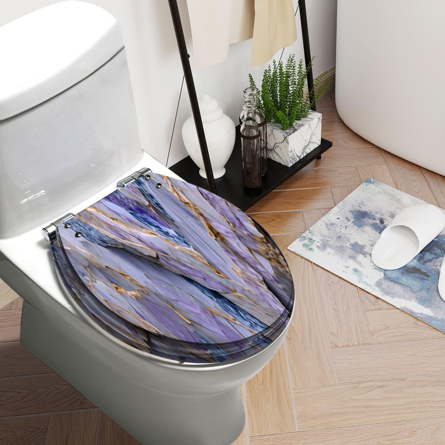 WHFEOIV9RE Round Toilet Seat natural marble texture pattern Resin Toilet Seat Quietly Slow Close with Quick-Release Hinges Toilet Seat with Cover Easy to Clean Install