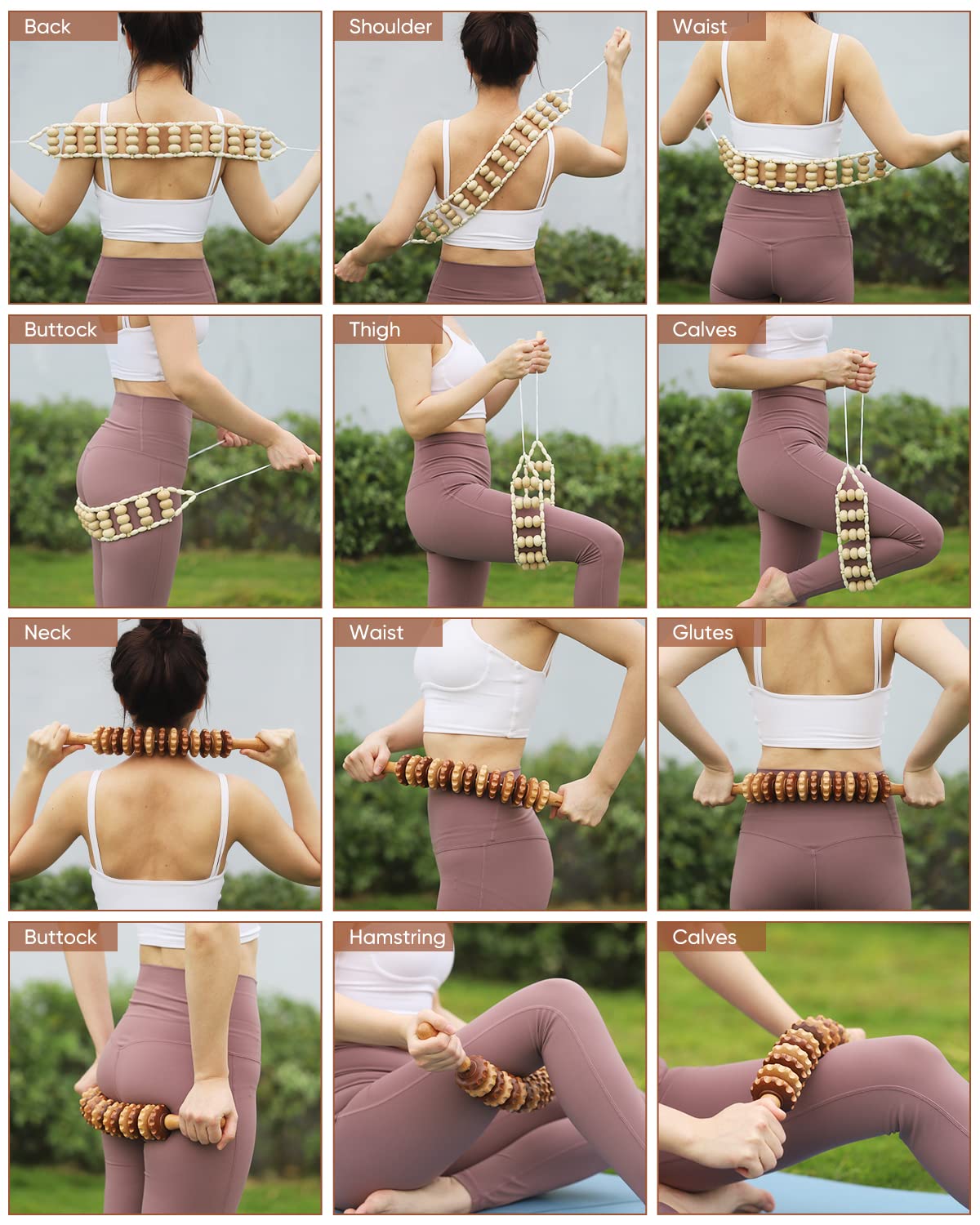 Massageroller Rücken Mit Griff Maderotherapie Set Anti Cellulite Massagegerät Massage Holz Geeignet Für Nacken,Beine,Rücken,Körper,2 Stück,Natürliche Holzfarbe