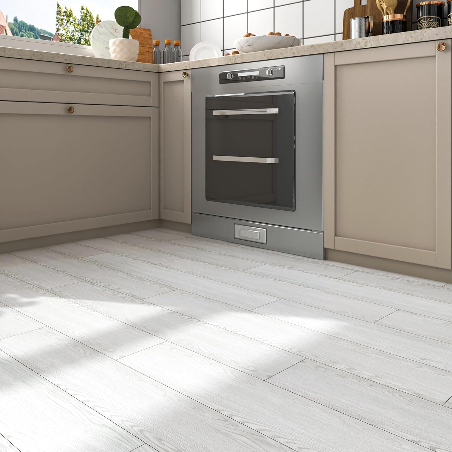 FunStick 90×15CM 35 Piastrelle Adesive Cucina Effetto Legno Grigio Pavimento Garage Ufficio Impermeabile Adesivi per Piastrelle Bagno Grigio Effetto Legno Pavimento PVC Adesivo Bianco Camera da Letto
