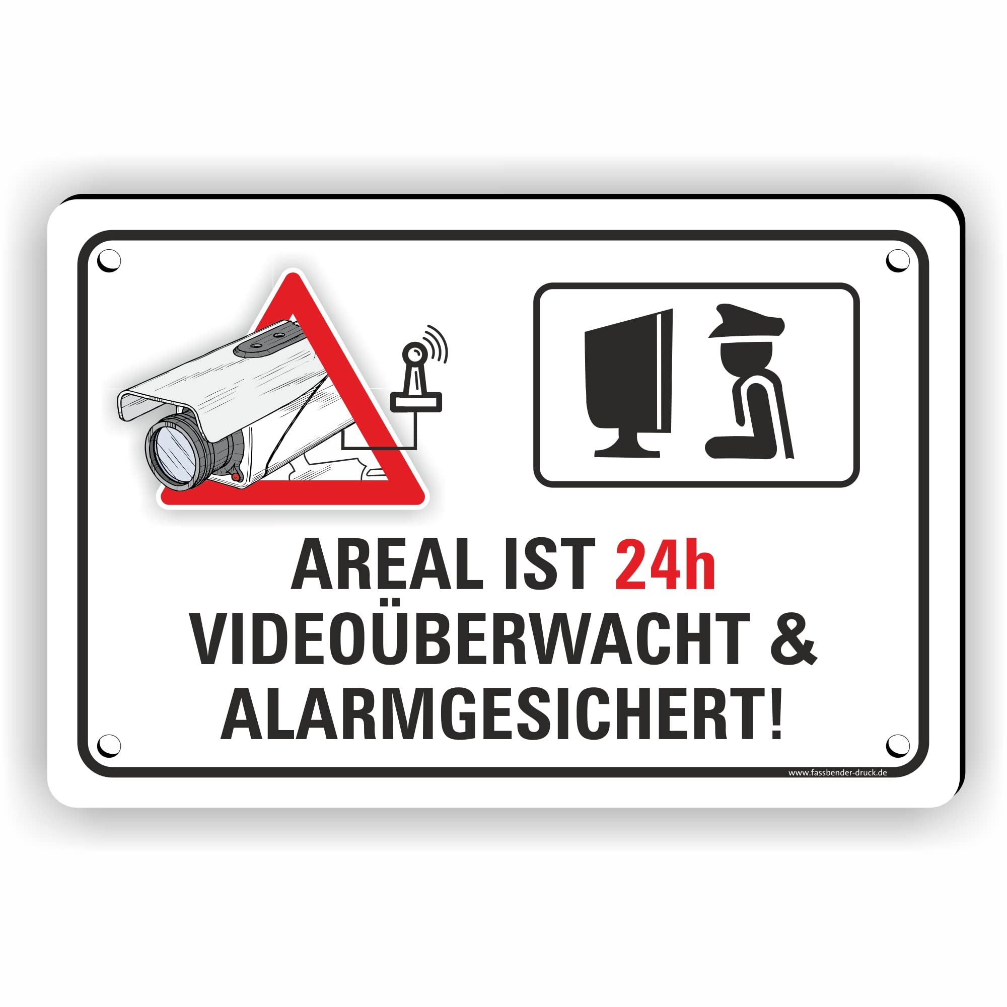 AREAL ist 24h VIDEOÜBERWACHT vorgebohrtes Schild zum Markieren eines videoüberwachten Bereiches - Videoüberwachungsschild mit Bohrlöchern - (90x60cm SCHILD)