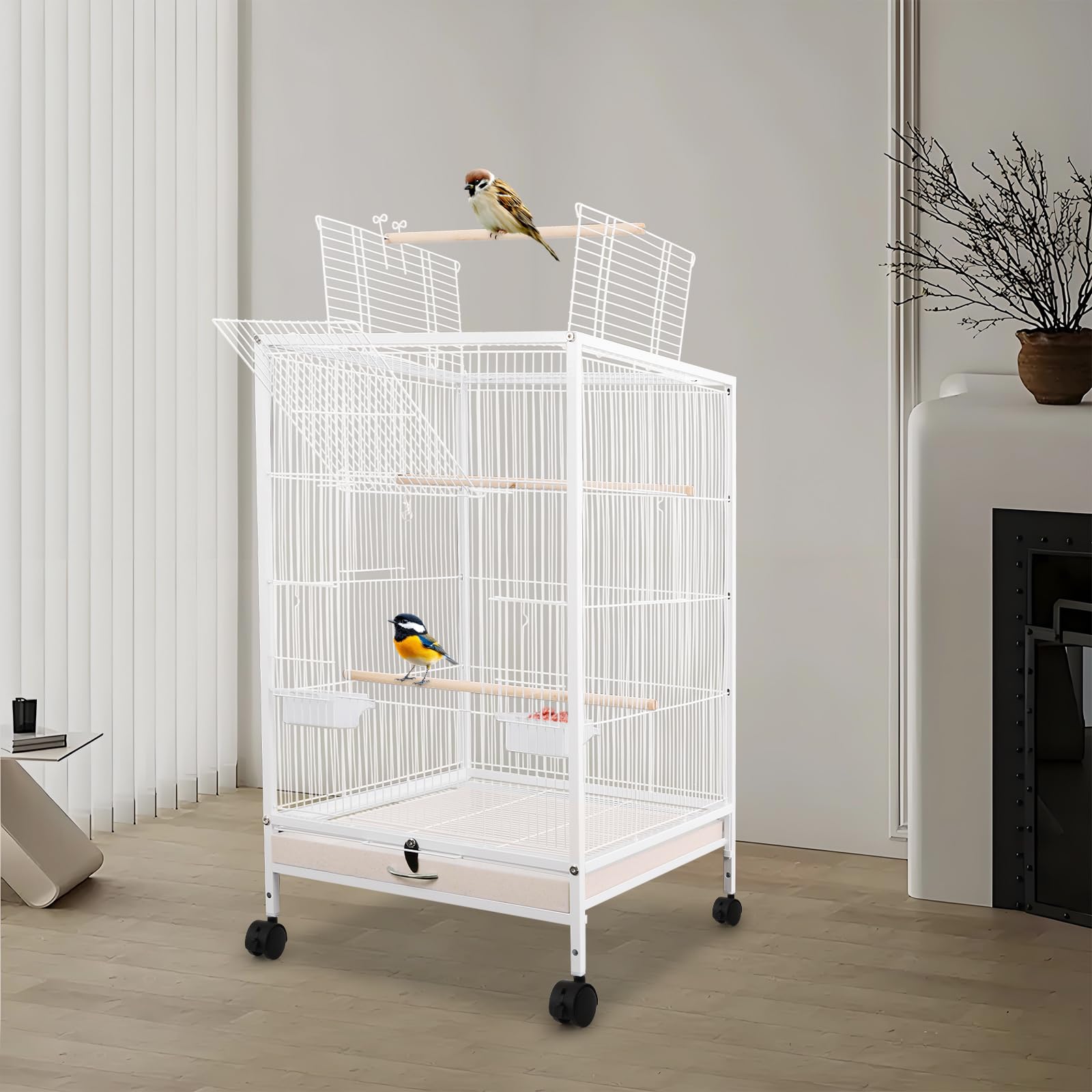 Jaula grande para pájaros, jaula interior para loros, pajarera de metal con ruedas de transporte, apertura hacia arriba, jaula para pájaros, 46 x 46 x 94 cm, jaula para periquitos con 3 perchas