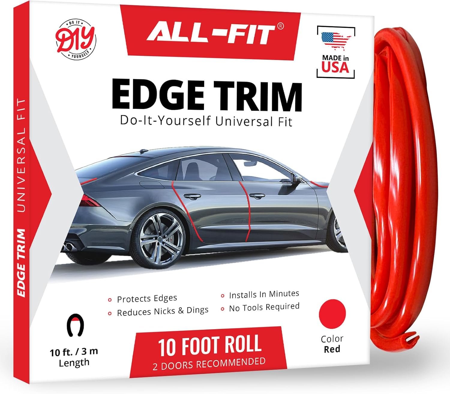 All-Fit Automotive Car Door Edge Protector – Universal DIY Edge Trim to Prevent Scratches & Dings – Flexible Adhesive Molding Trim for Cars, Trucks & SUVs (10 Ft - Red)