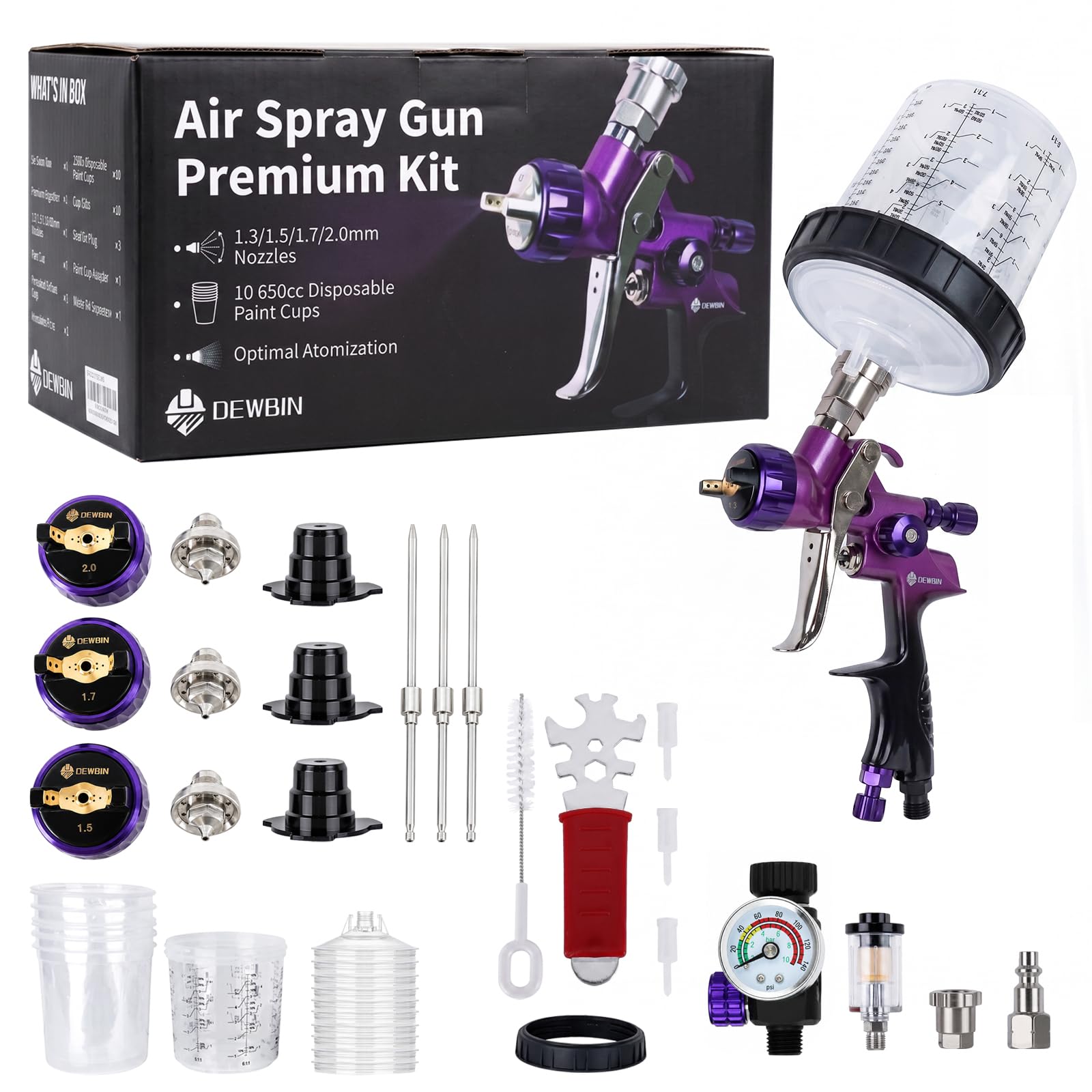 LVLP - Kit de pistola de aire premium con taza de mezcla de 650 ml y 10 vasos desechables, boquillas de 1.3/1.5/1.7/2.0 mm, pistola de pintura automotriz para automóviles, casa, pintura, barniz