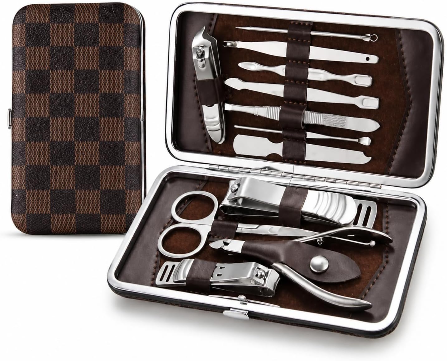 Manicure Set, Professional Manicure Kit Nail Clippers Set 12 in 1 Stainless Steel Pedicure Tools Nail Kit Women & Men Grooming Tool with Portable Brown Leather Travel Case Luxury Gifts for Unisex