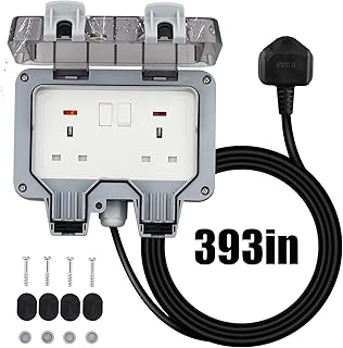 Outdoor Sockets Waterproof Double Socket, Weatherproof Outdoor Sockets with 10M Extension Cable Outdoor Outside Plug Socket 13A IP66 Wall Electrical Outlets Switched Socket Covers