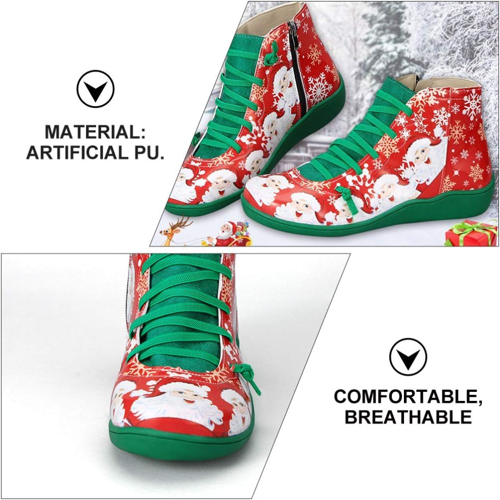 Generic Christmas Santa Claus Shoes Round Toe Lace- Up Side Zipper Xmas Printed Short Boots Santa Costume Accessory for Women Men, Green, 8.5 - Image 4