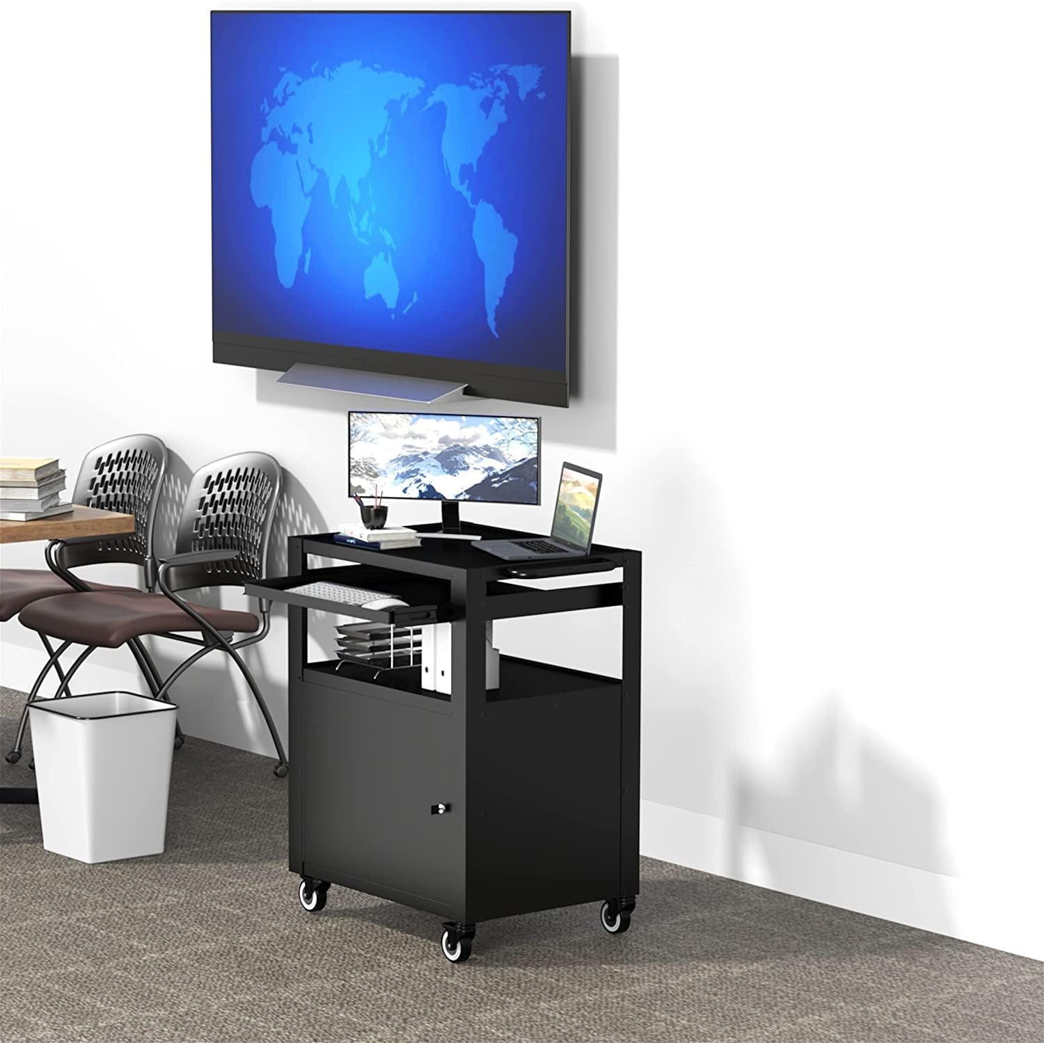 AV Cart with Keyboard Tary and Locking Cabinet Laptop Cart on Wheels Utility Carts and Pullout Tray - Max Capacity 350 lbs, 24.8''L x 18.1''W x 39.8''H