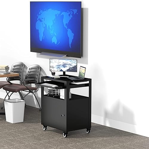 Miniatura 4 de Carro AV con teclado Tary y armario de bloqueo, carrito para laptop con ruedas, carritos utilitarios y bandeja extraíble, capacidad máxima de 350