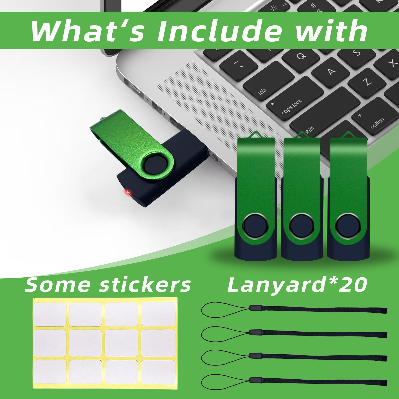 Thumb - Confezione da 20 chiavette USB 2.0 da 8 GB, con 20 cordini, unità USB verde (8 GB, 20 pezzi)