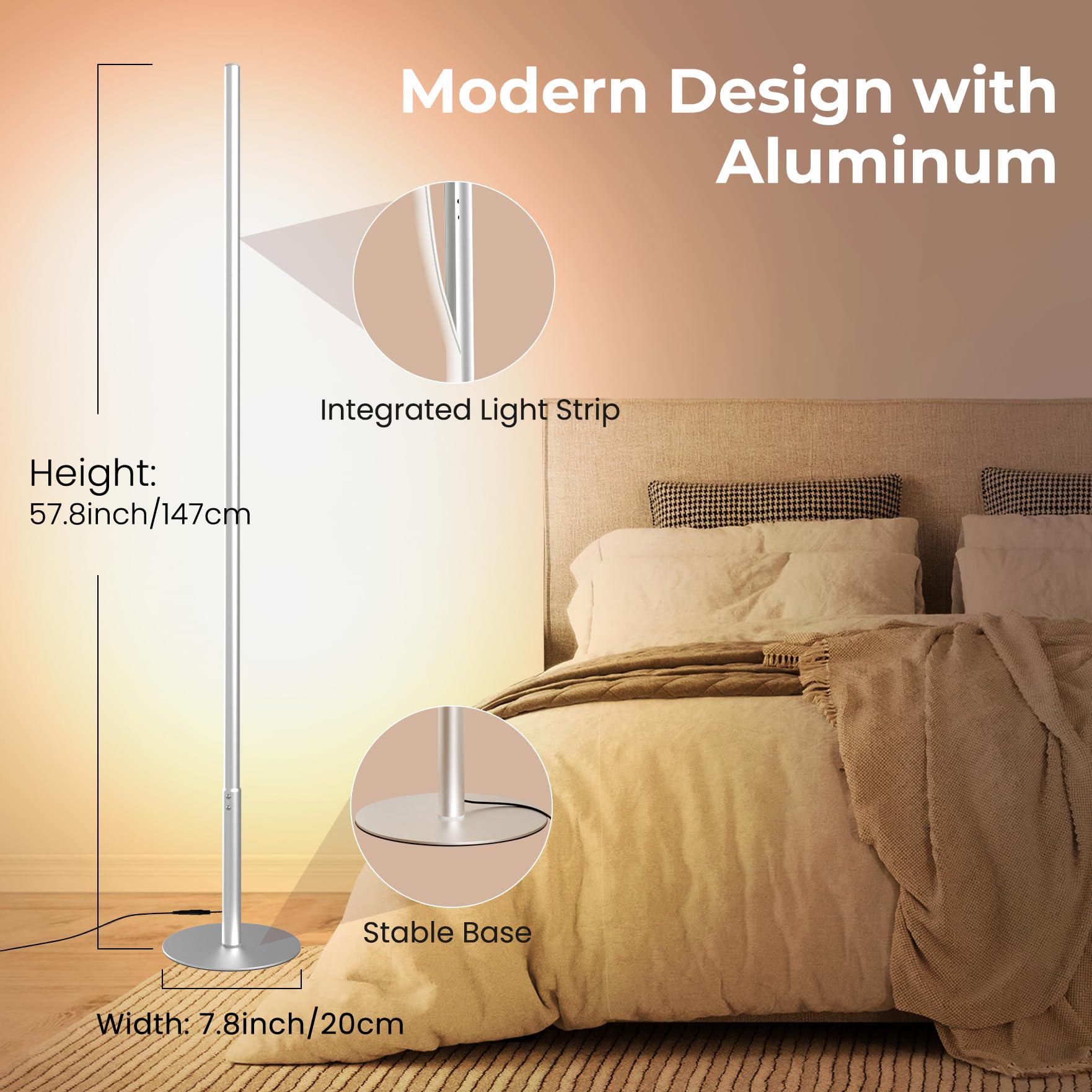 Lámpara de pie LED de esquina para sala de estar, luz minimalista con control remoto, colores y brillo ajustables continuos de 2700 a 6500 K, luz brillante de lectura moderna, lámpara de pie de 58 6