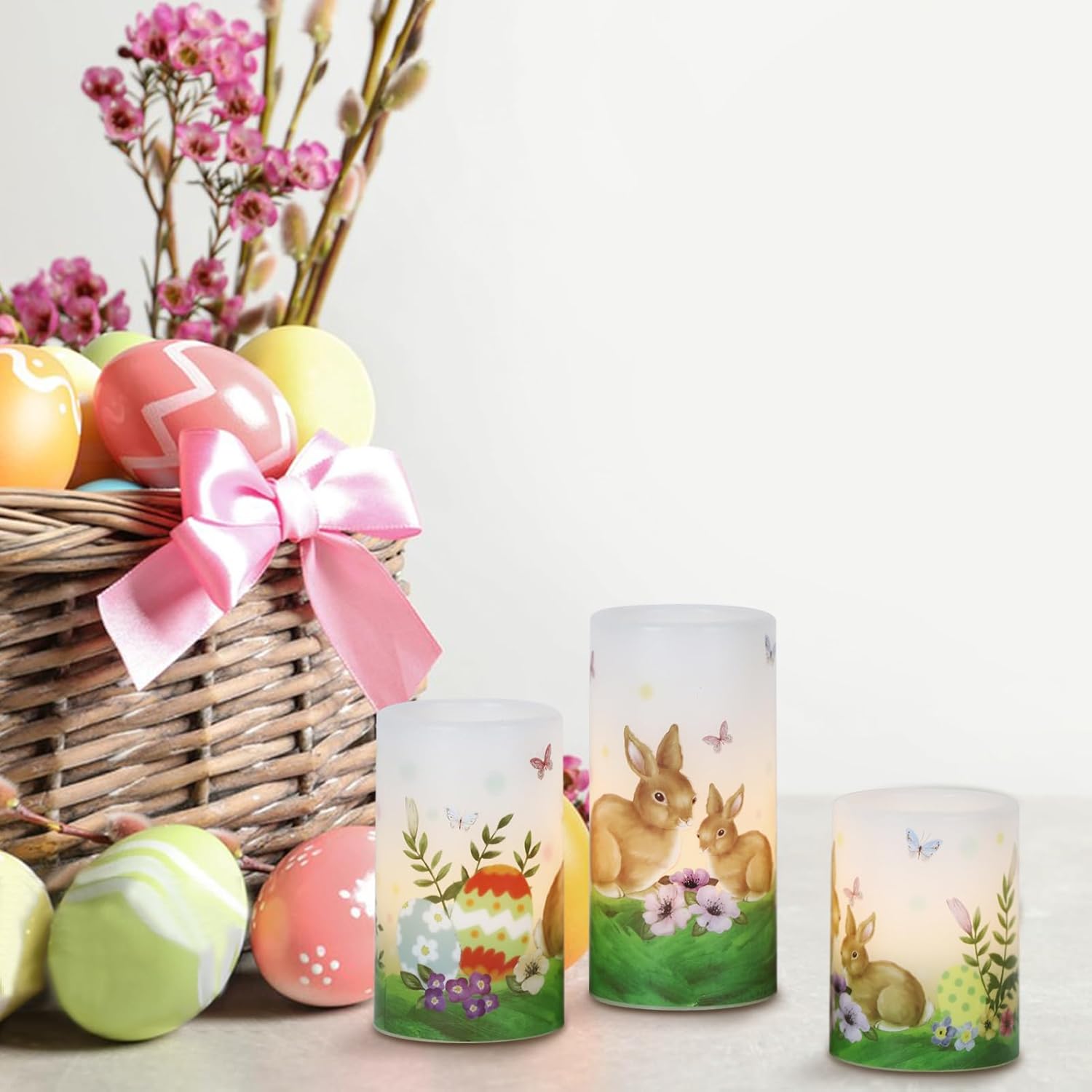 Eldnacele Easter Bunny Flameless Flickering Candles with 6H Timer Battery Operated Real Wax Candles Easter Eggs Lilies Rabbits Home Decor 4”5”6”H (3”D)