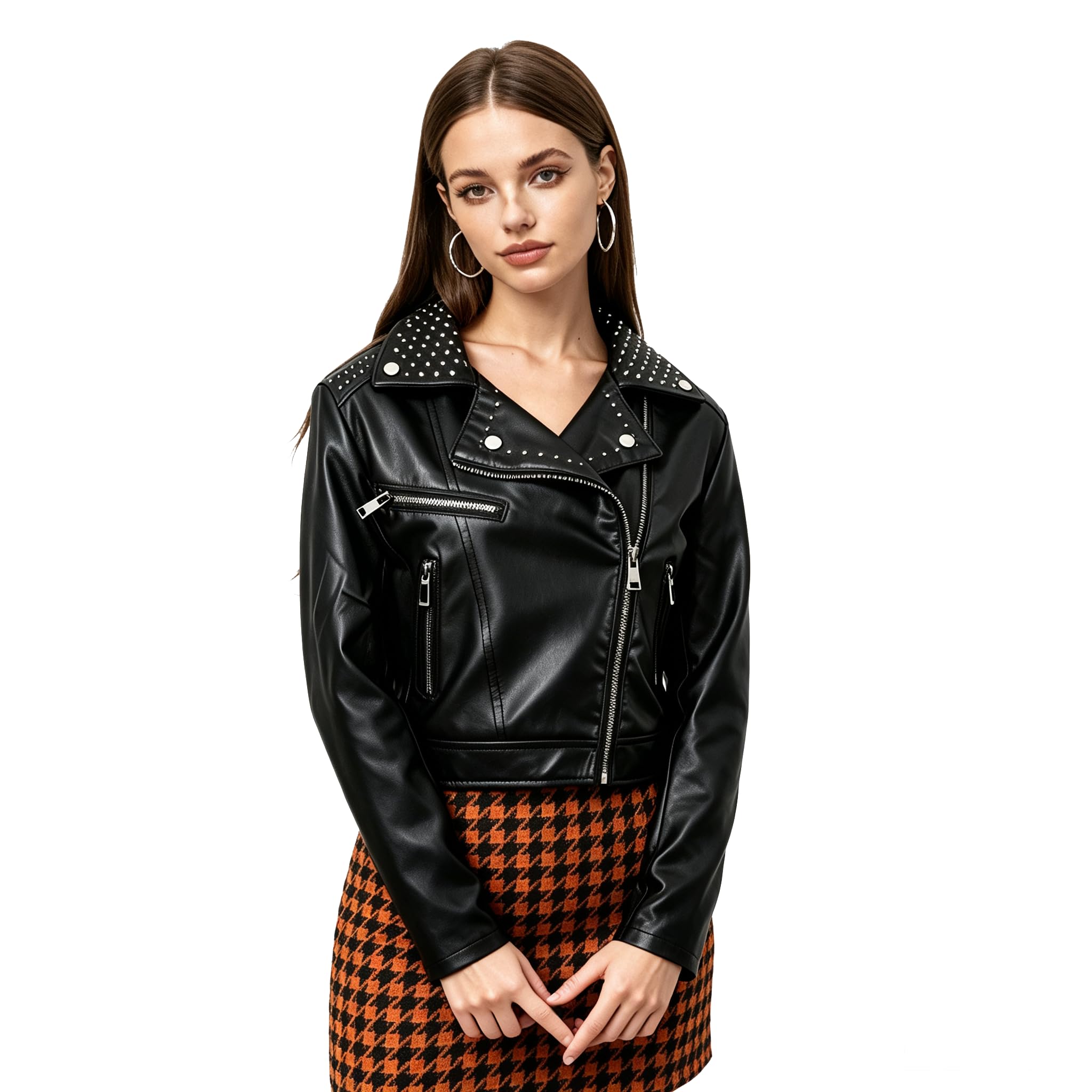 Veste de motard cloutée en similicuir pour femme | Manteau de moto court en polyuréthane avec poches zippées
